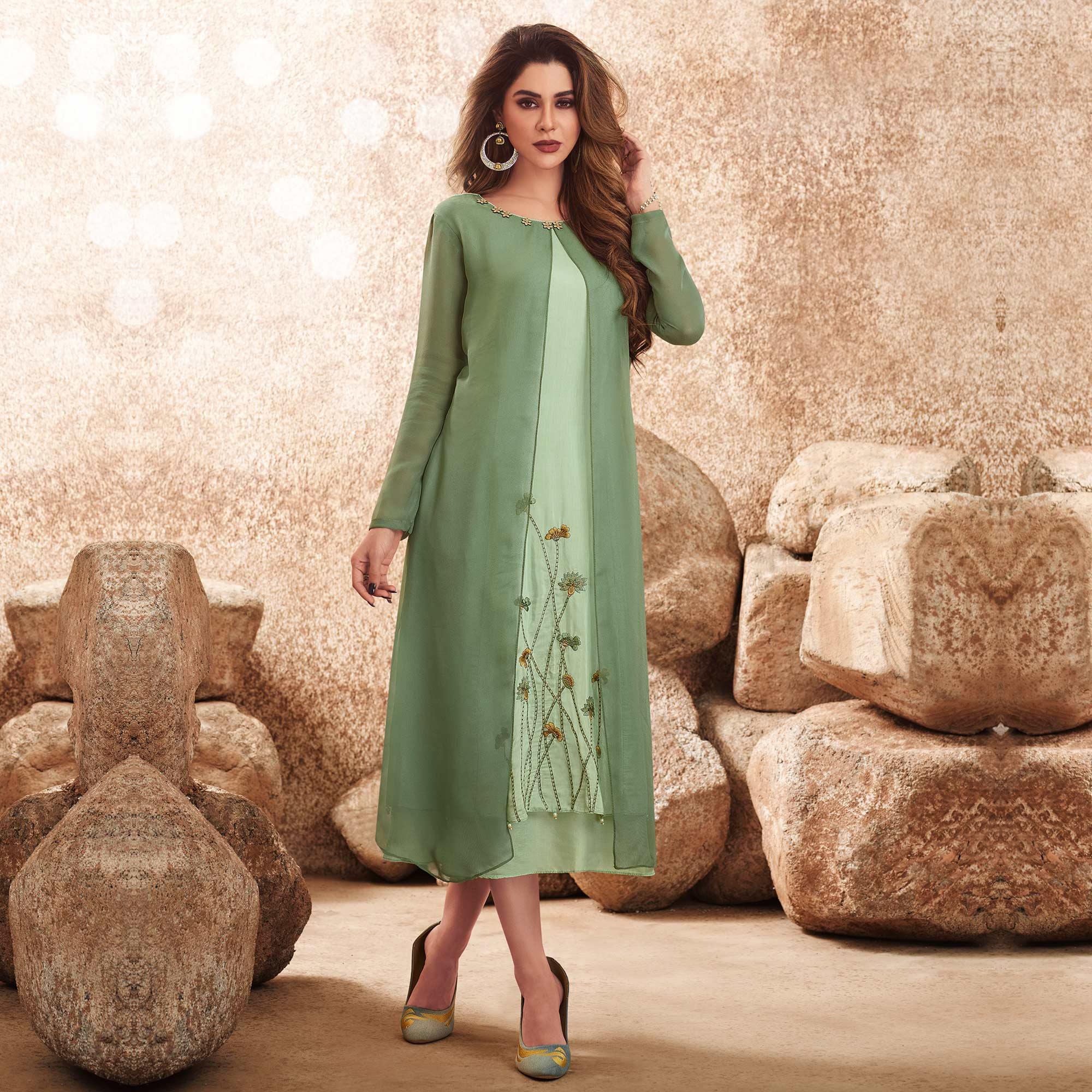 Graceful Green Colored Party Wear Floral Embroidered Viscose-Muslin Cotton Silk Kurti - Peachmode