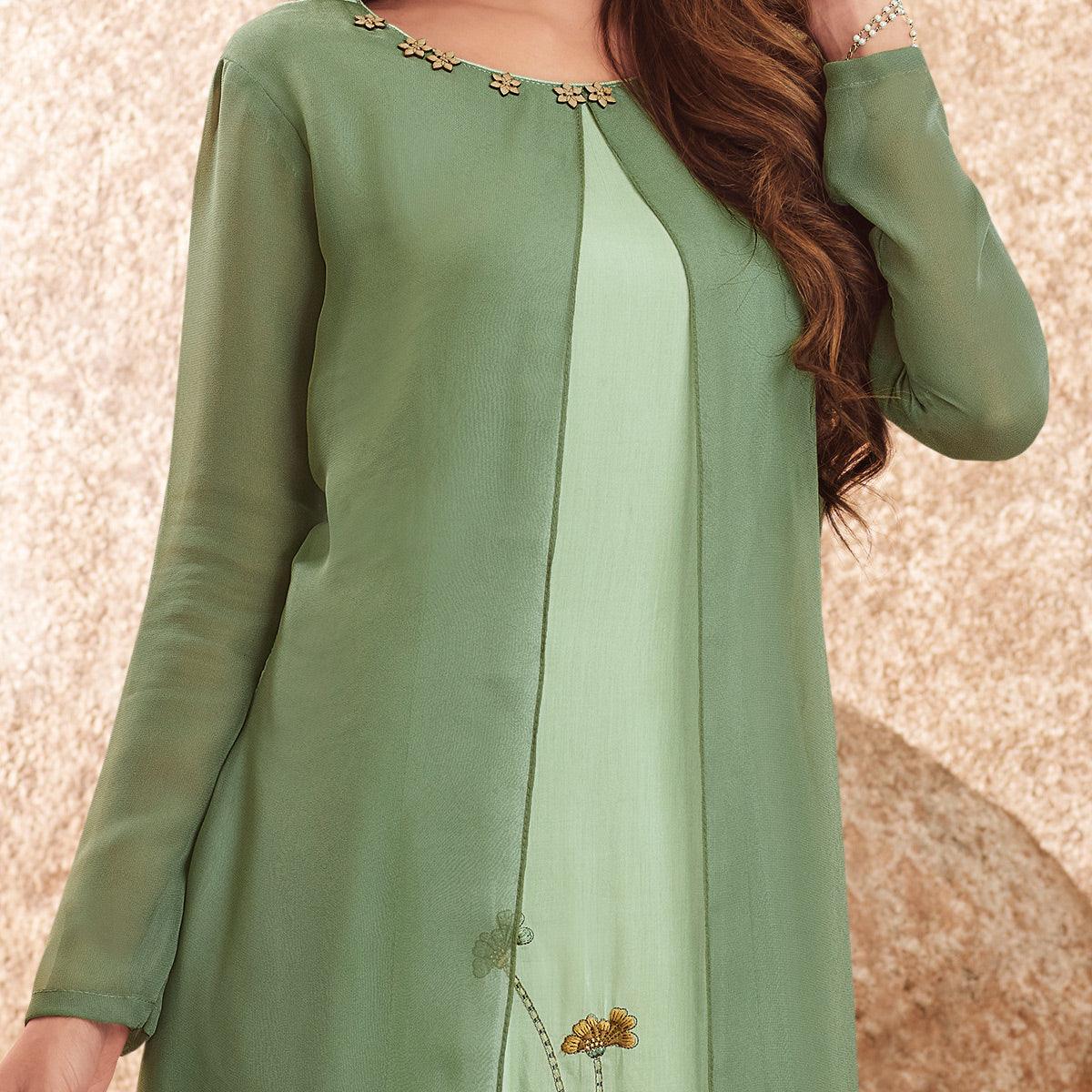 Graceful Green Colored Party Wear Floral Embroidered Viscose-Muslin Cotton Silk Kurti - Peachmode