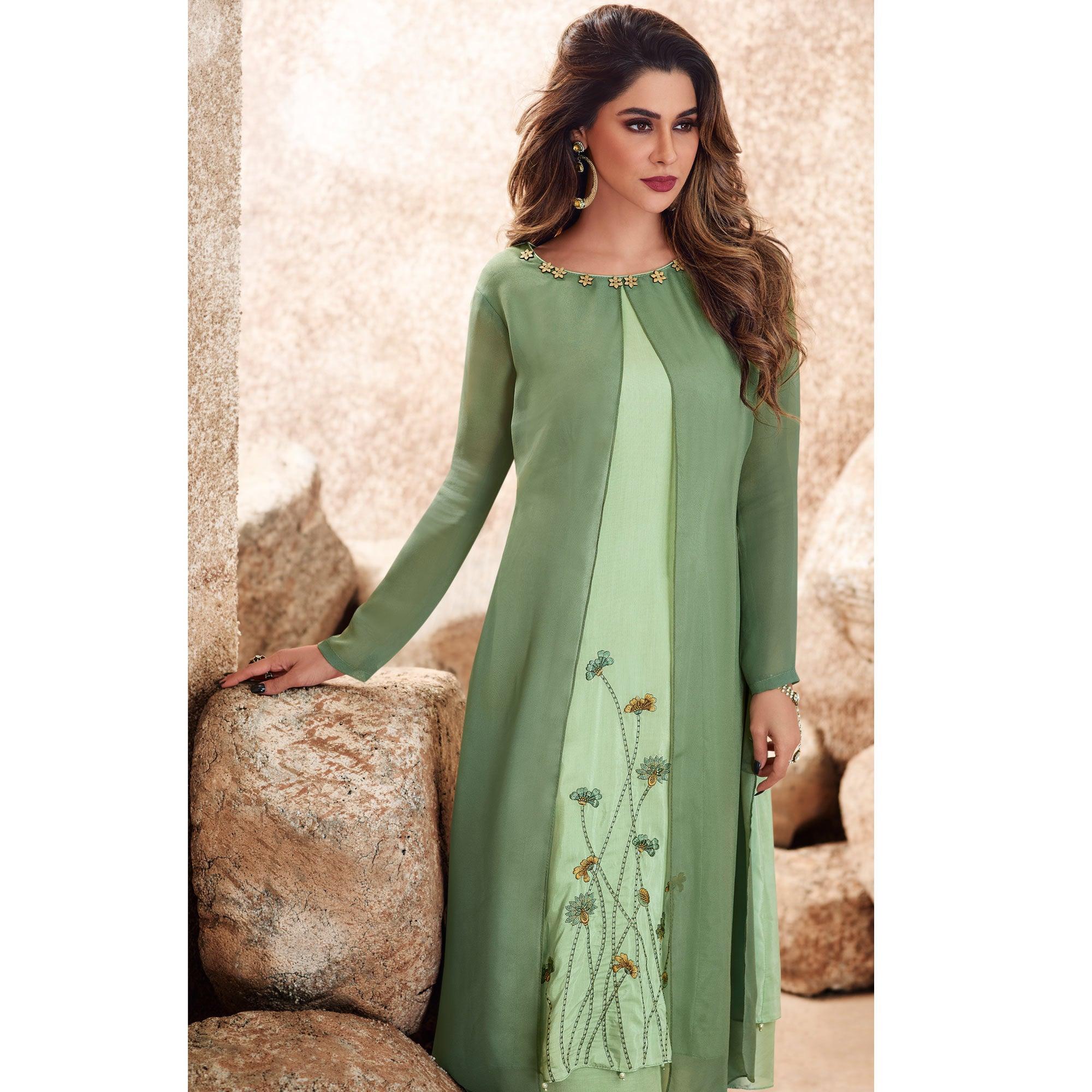 Graceful Green Colored Party Wear Floral Embroidered Viscose-Muslin Cotton Silk Kurti - Peachmode