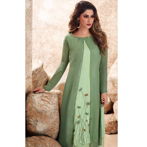 Graceful Green Colored Party Wear Floral Embroidered Viscose-Muslin Cotton Silk Kurti - Peachmode