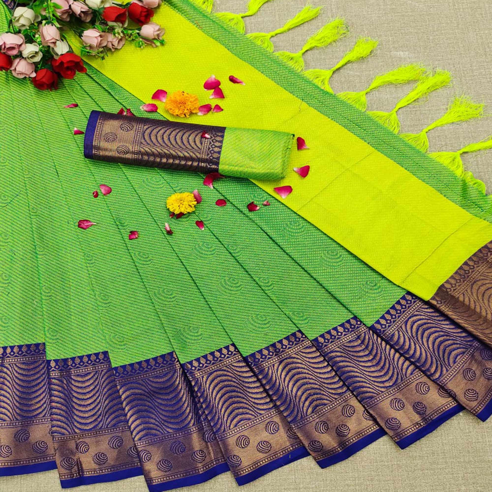 Graceful Green Coloured Festive Wear Woven Cotton Silk Saree - Peachmode