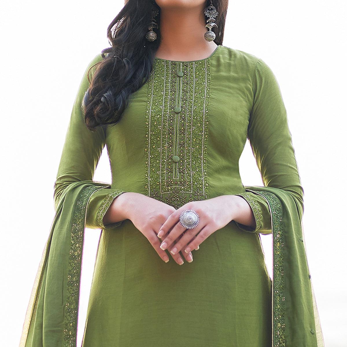 Graceful Green Coloured Handwork Partywear Cotton Silk Palazzo Suit - Peachmode
