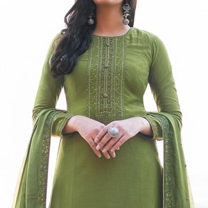 Graceful Green Coloured Handwork Partywear Cotton Silk Palazzo Suit - Peachmode