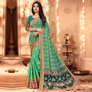 Graceful Green  Coloured Partywear Diamond Work Half & Half Art Silk Saree - Peachmode