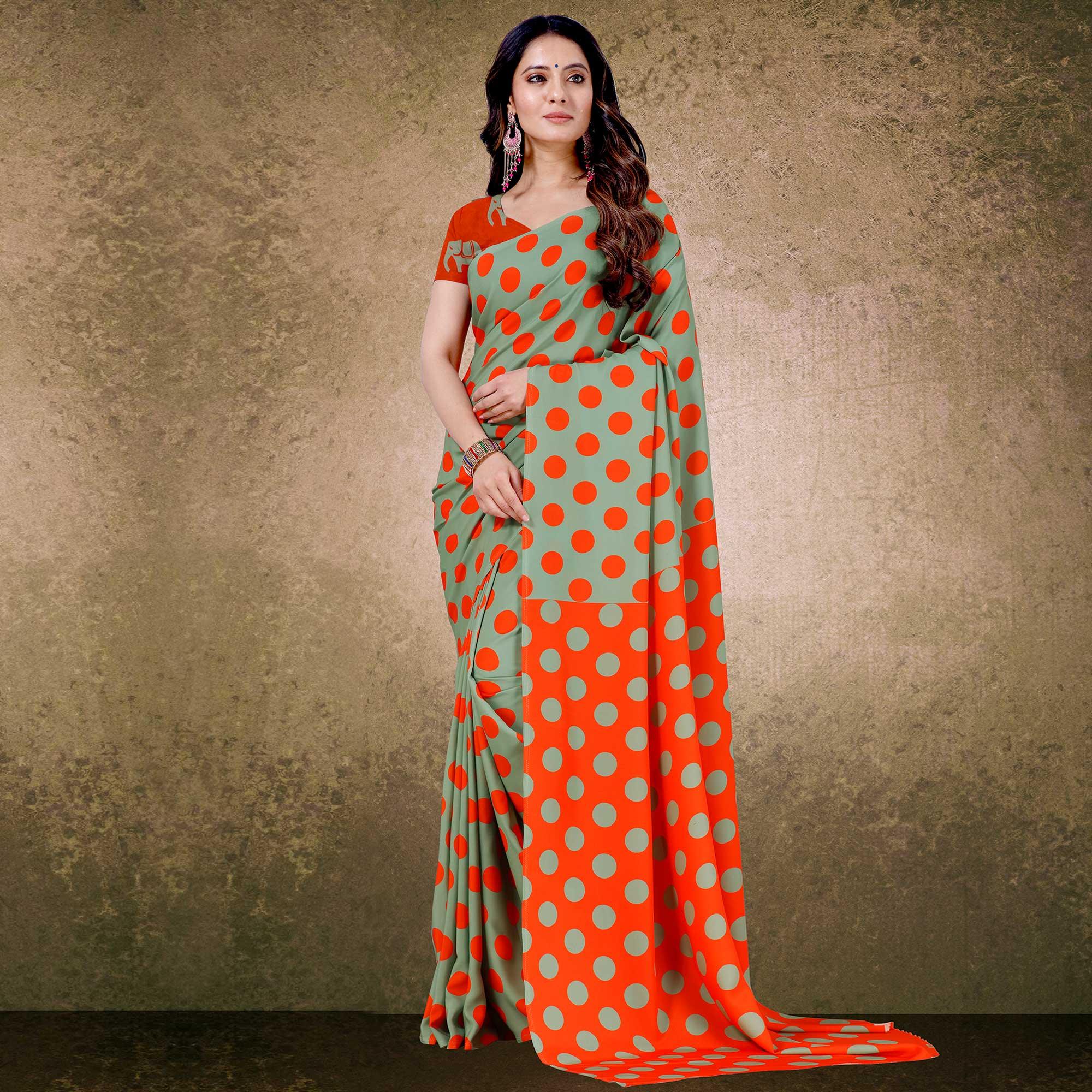 Graceful Green-Orange Digital Polka Dot Print Casual Wear French Crepe Saree - Peachmode