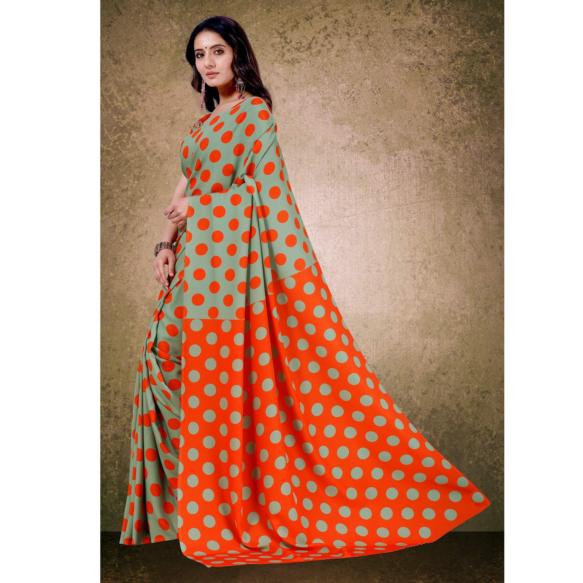 Graceful Green-Orange Digital Polka Dot Print Casual Wear French Crepe Saree - Peachmode