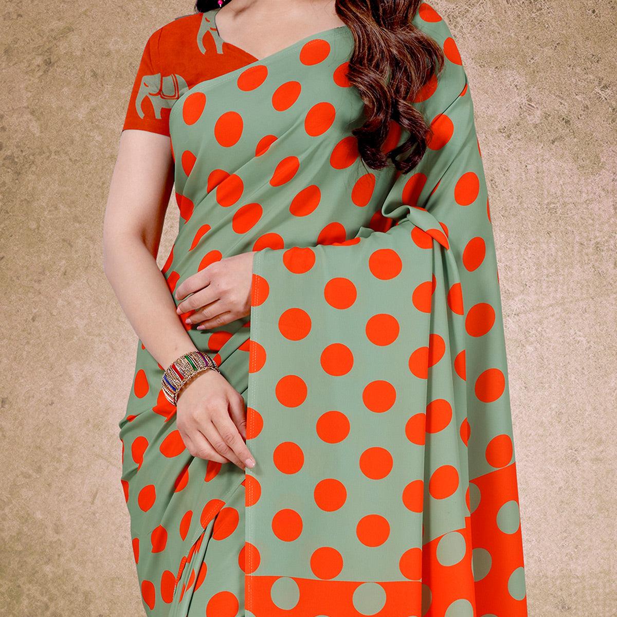 Graceful Green-Orange Digital Polka Dot Print Casual Wear French Crepe Saree - Peachmode