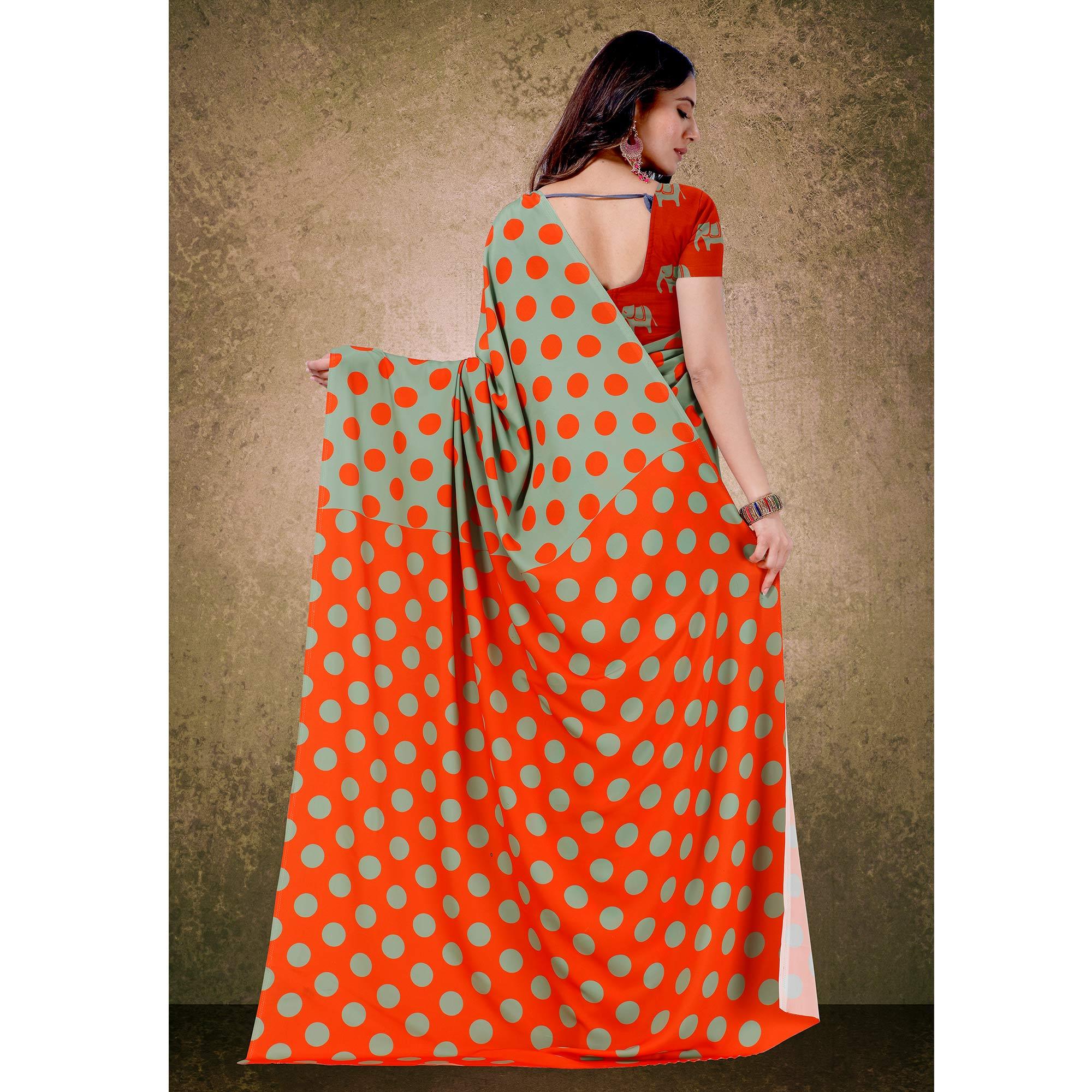 Graceful Green-Orange Digital Polka Dot Print Casual Wear French Crepe Saree - Peachmode