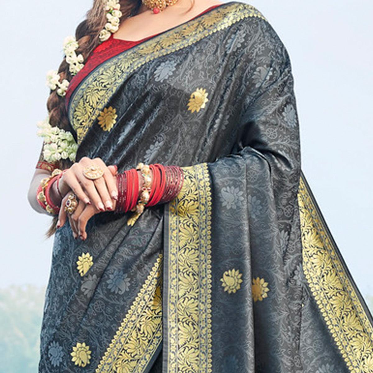 Graceful Grery Colored Festive Wear Woven Banarasi Silk Saree - Peachmode