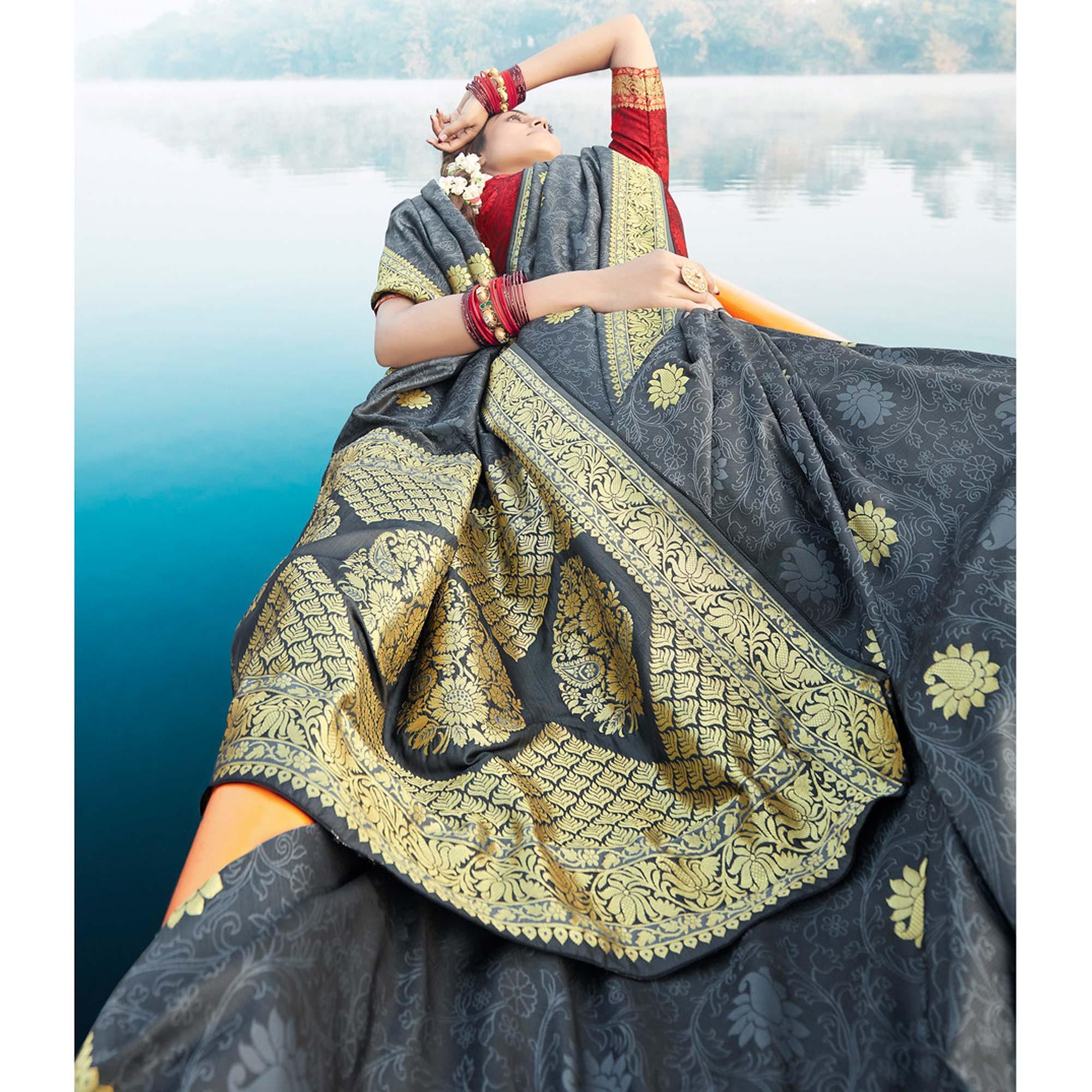 Graceful Grery Colored Festive Wear Woven Banarasi Silk Saree - Peachmode
