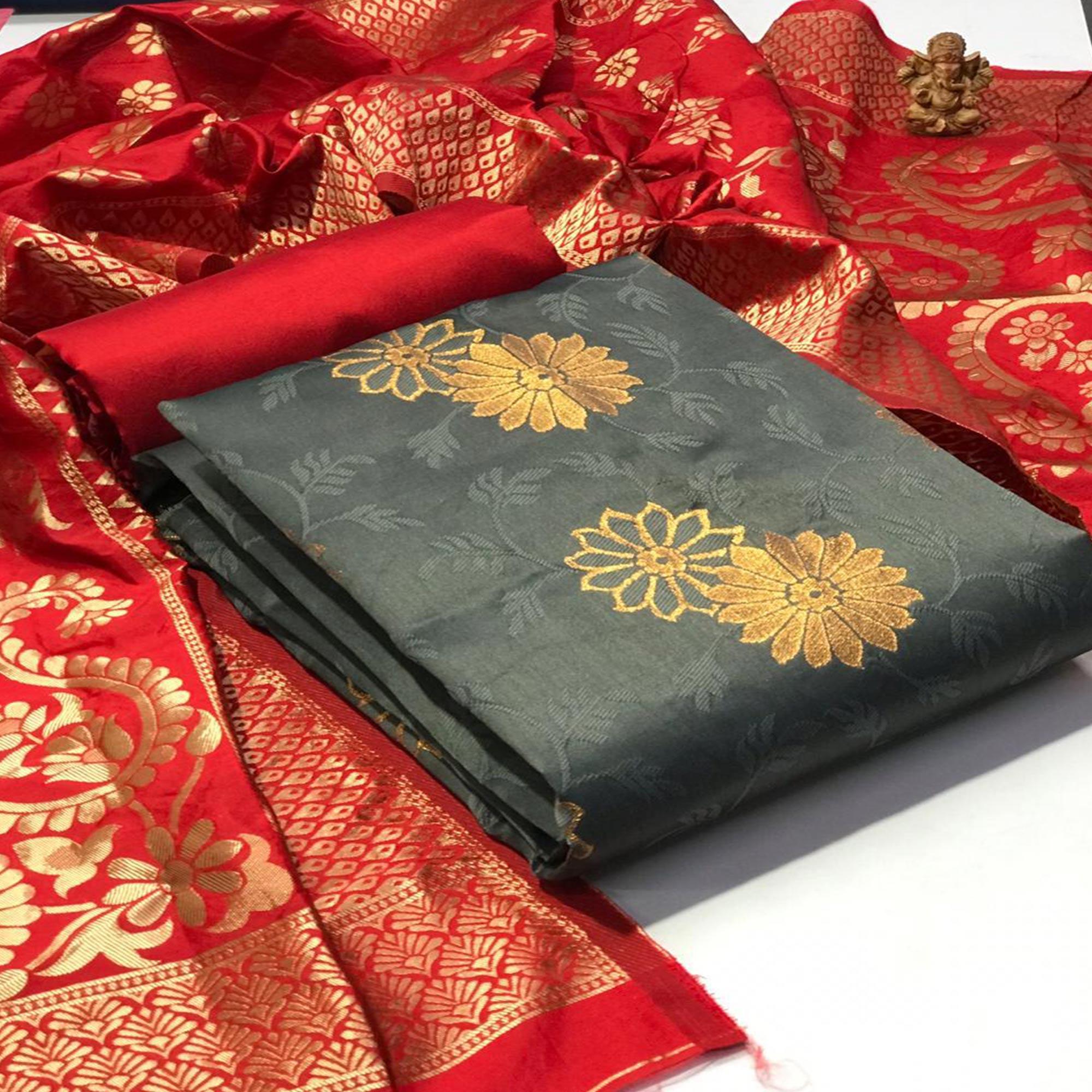 Graceful Grey Colored Casual Wear Banarasi Silk Dress Material - Peachmode