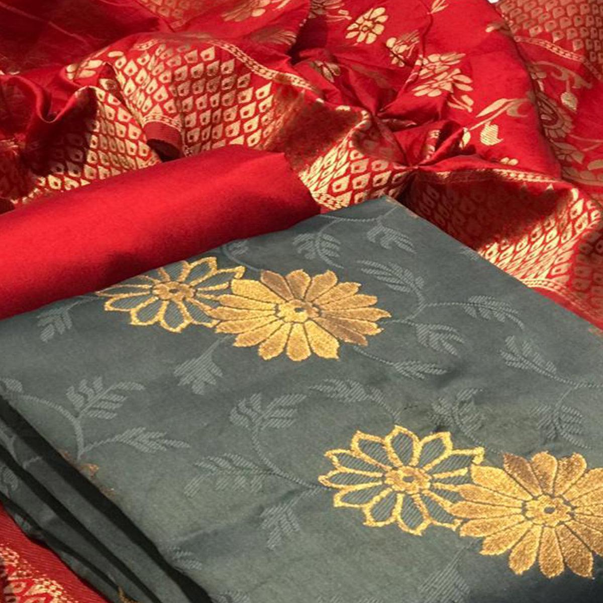 Graceful Grey Colored Casual Wear Banarasi Silk Dress Material - Peachmode