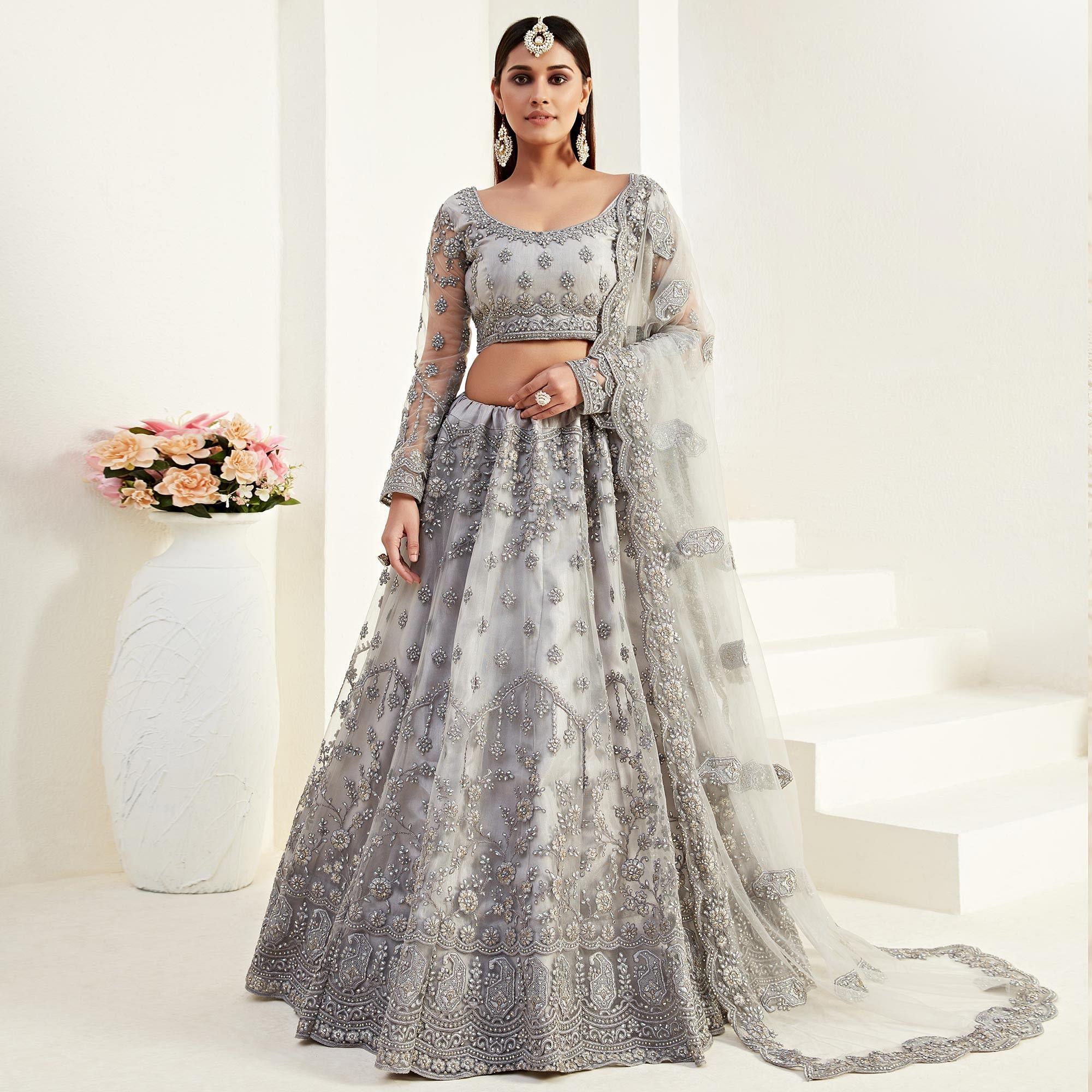 Graceful Grey Colored Cording Thread And Balda Embroidery Wedding Wear Net Lehenga Choli - Peachmode