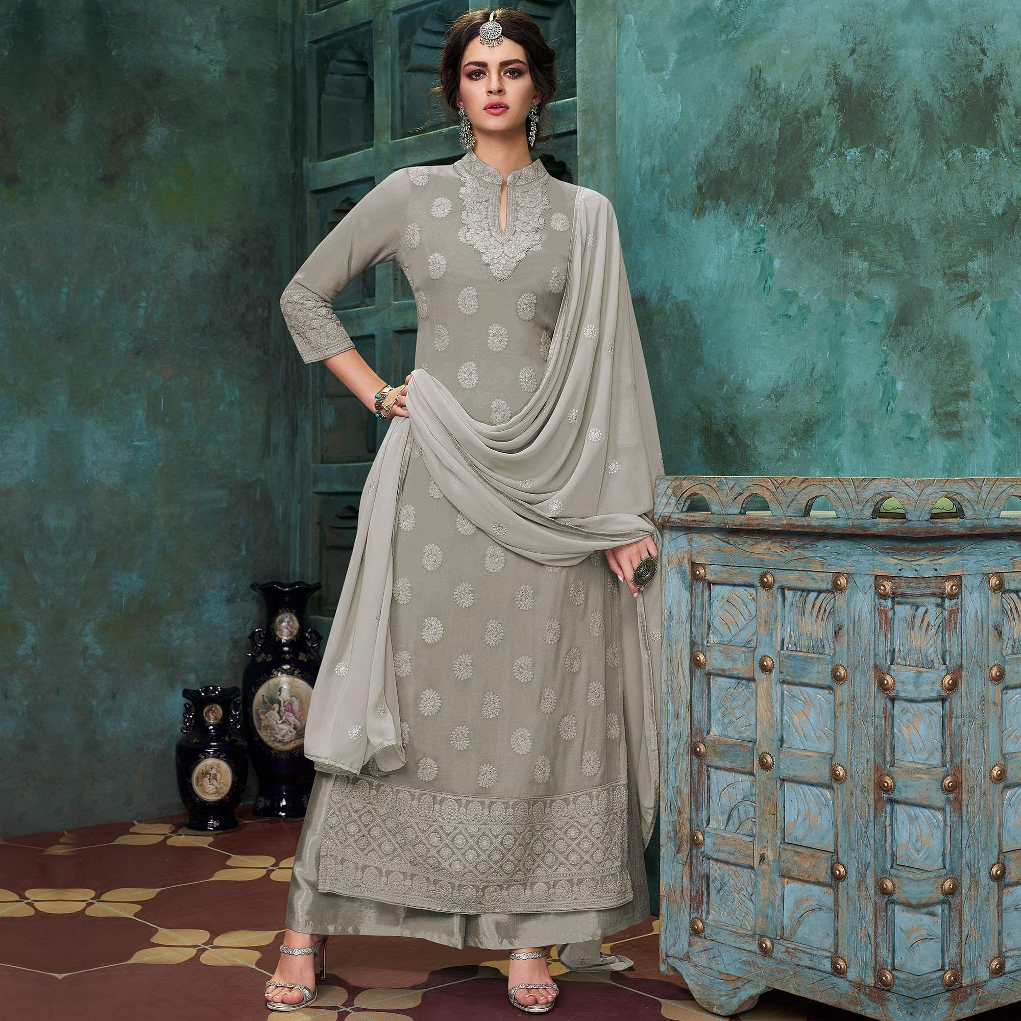 Graceful Grey Colored Party Wear Embroidered Faux Georgette Palazzo Suit - Peachmode