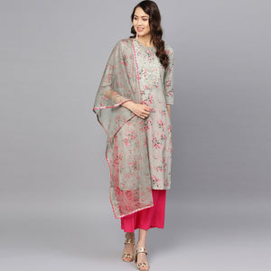Graceful Grey Colored Party Wear Floral Digital Printed Cotton Kurti With Dupatta - Peachmode