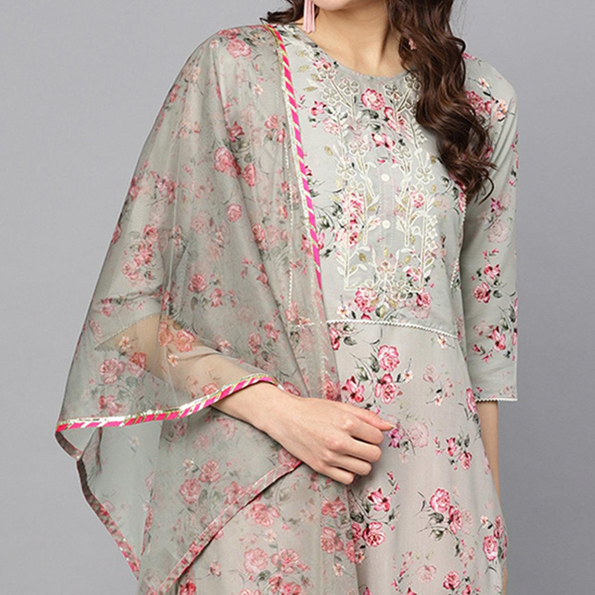 Graceful Grey Colored Party Wear Floral Digital Printed Cotton Kurti With Dupatta - Peachmode