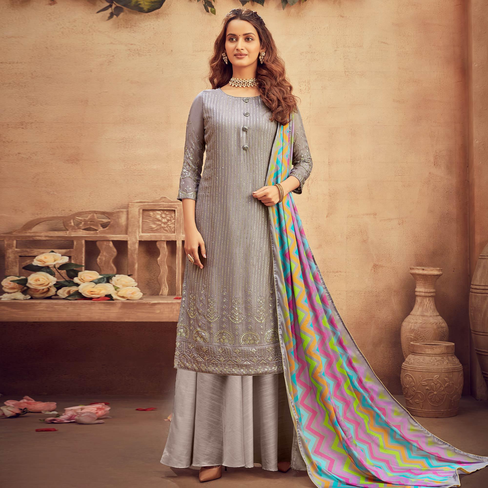 Graceful Grey Coloured Embroidered Partywear Pure Viscose Chiffon Palazzo Suit - Peachmode