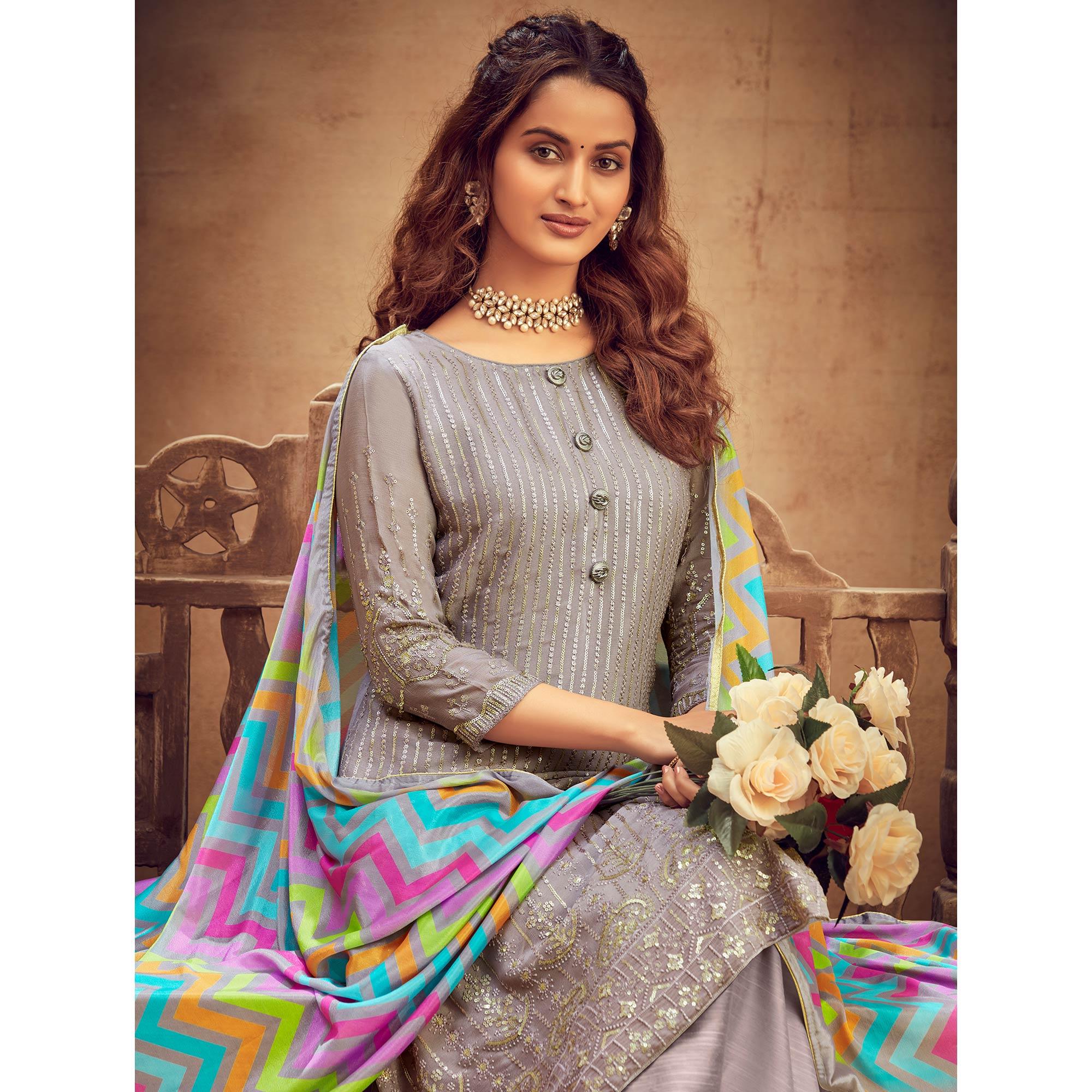 Graceful Grey Coloured Embroidered Partywear Pure Viscose Chiffon Palazzo Suit - Peachmode