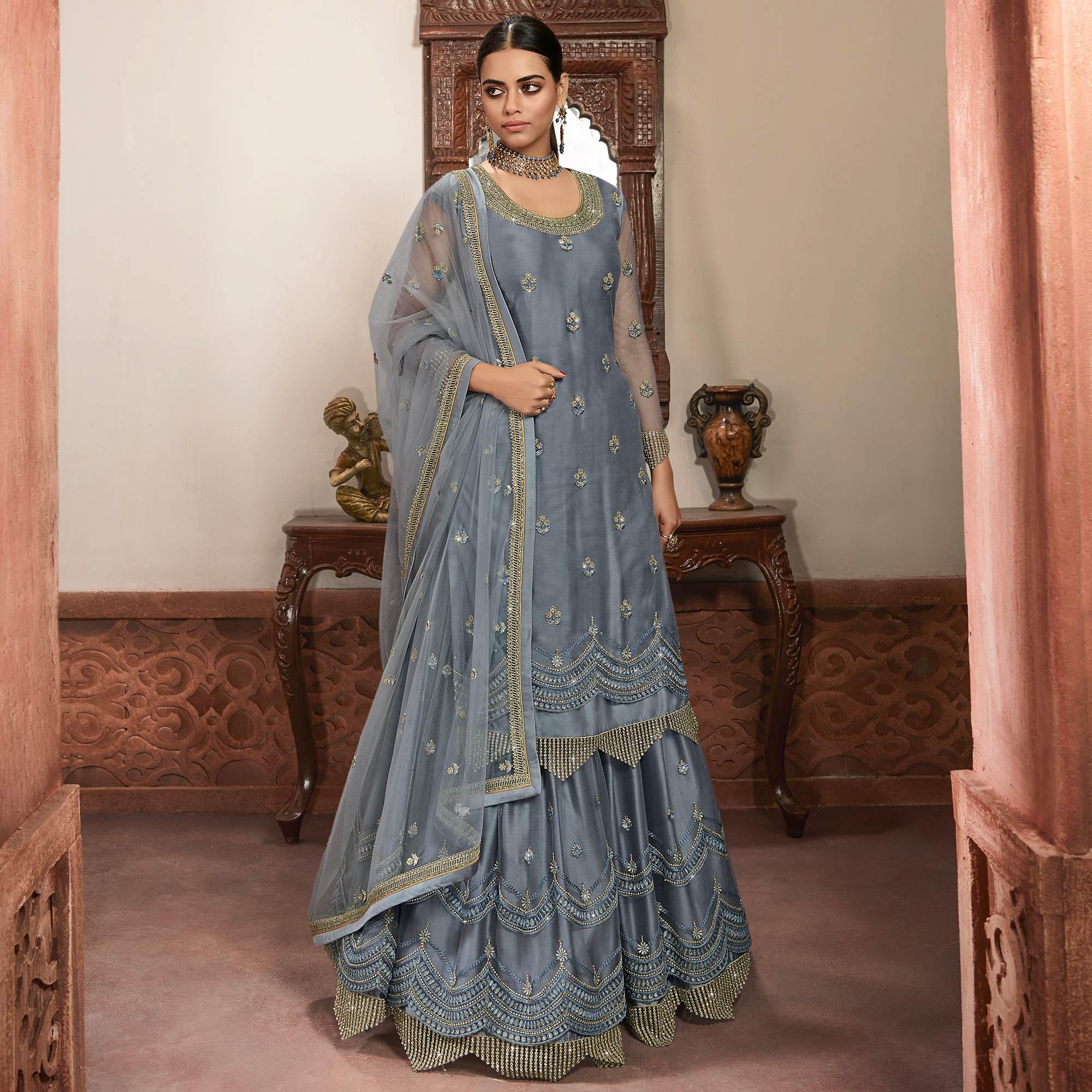 Graceful Grey Coloured Partywear Embroidered Super Net Sharara Style Salwar Suit - Peachmode