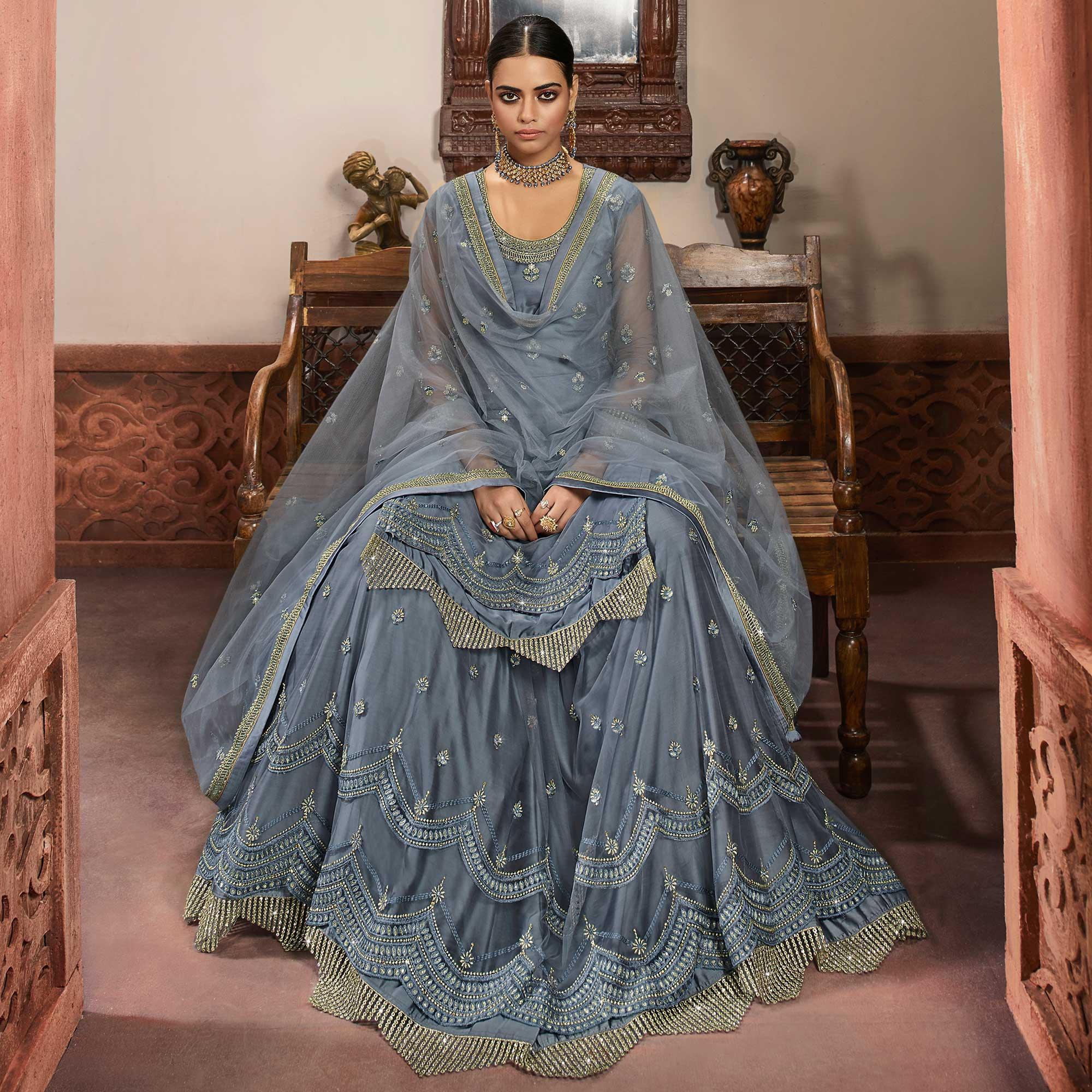 Graceful Grey Coloured Partywear Embroidered Super Net Sharara Style Salwar Suit - Peachmode