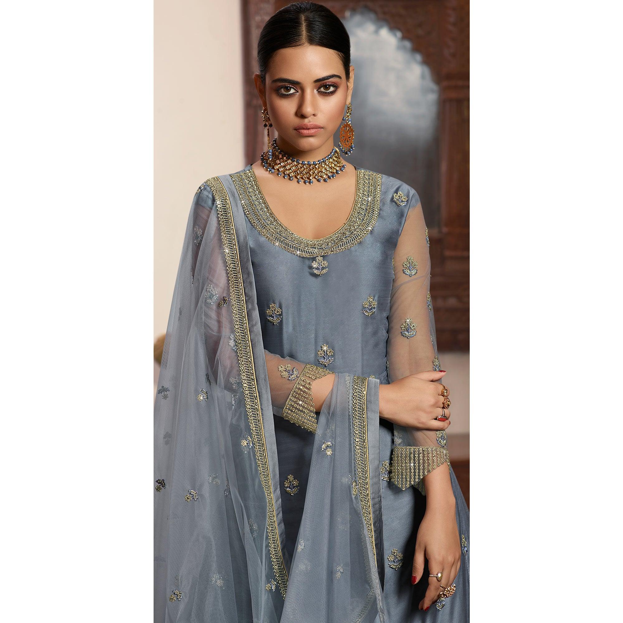 Graceful Grey Coloured Partywear Embroidered Super Net Sharara Style Salwar Suit - Peachmode
