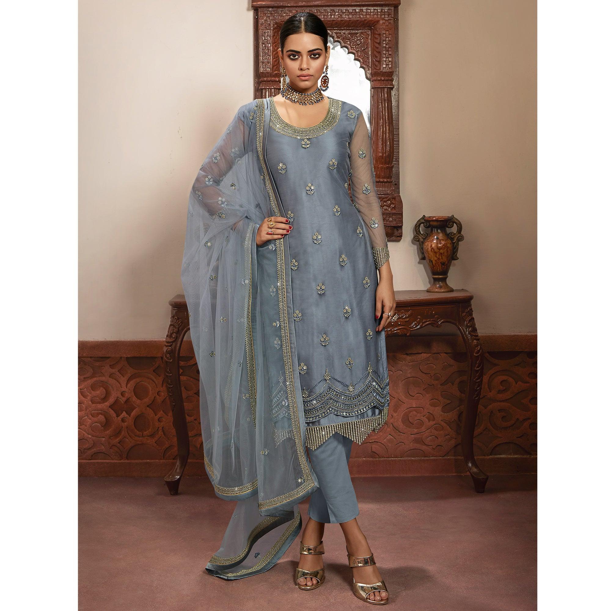Graceful Grey Coloured Partywear Embroidered Super Net Sharara Style Salwar Suit - Peachmode