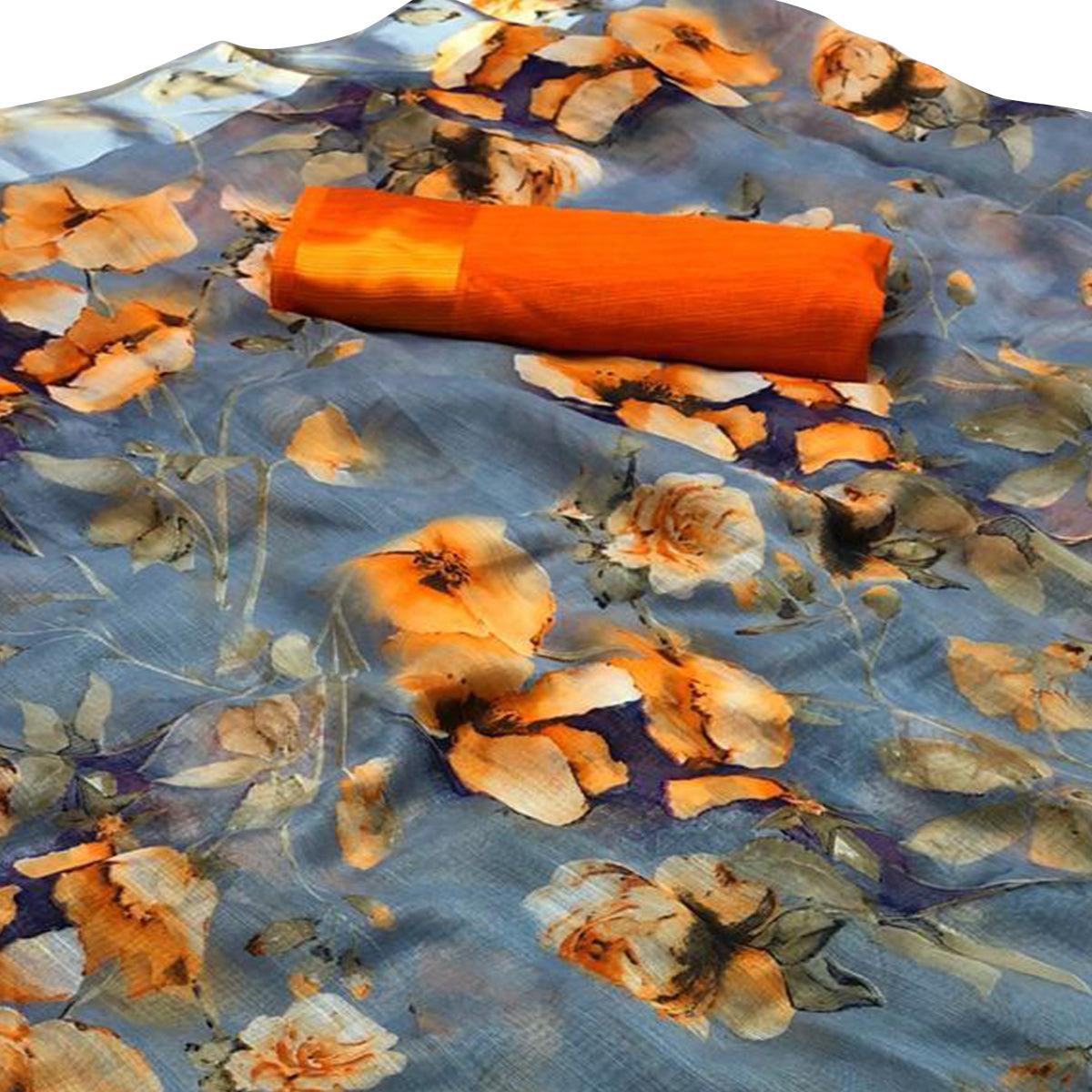 Graceful Grey-Orange Colored Casual Wear Floral Printed Linen Saree - Peachmode