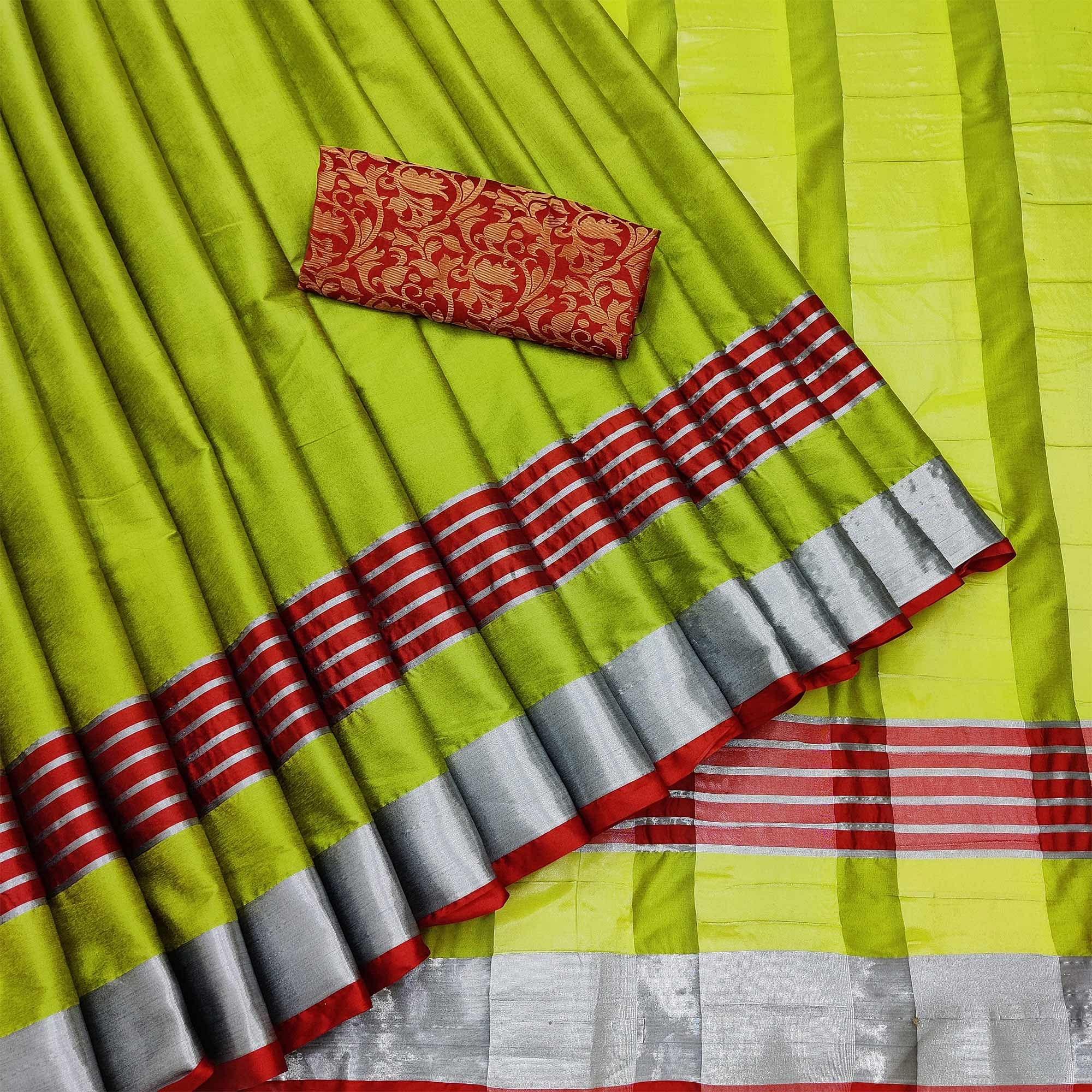 Graceful Lemon Coloured Casual Wear Zari Border Cotton Saree - Peachmode