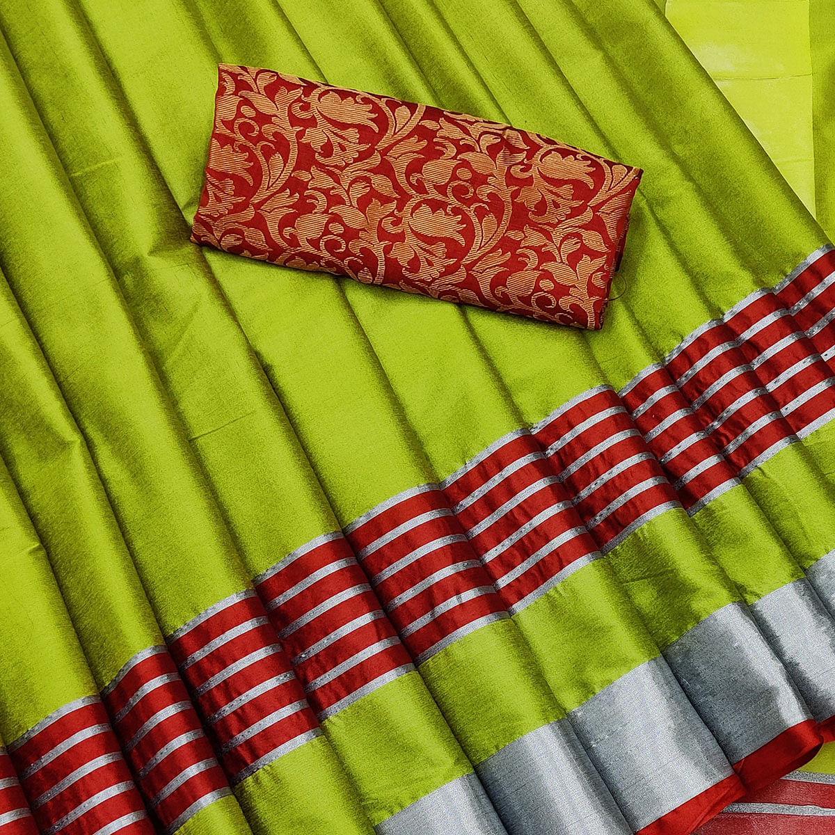 Graceful Lemon Coloured Casual Wear Zari Border Cotton Saree - Peachmode