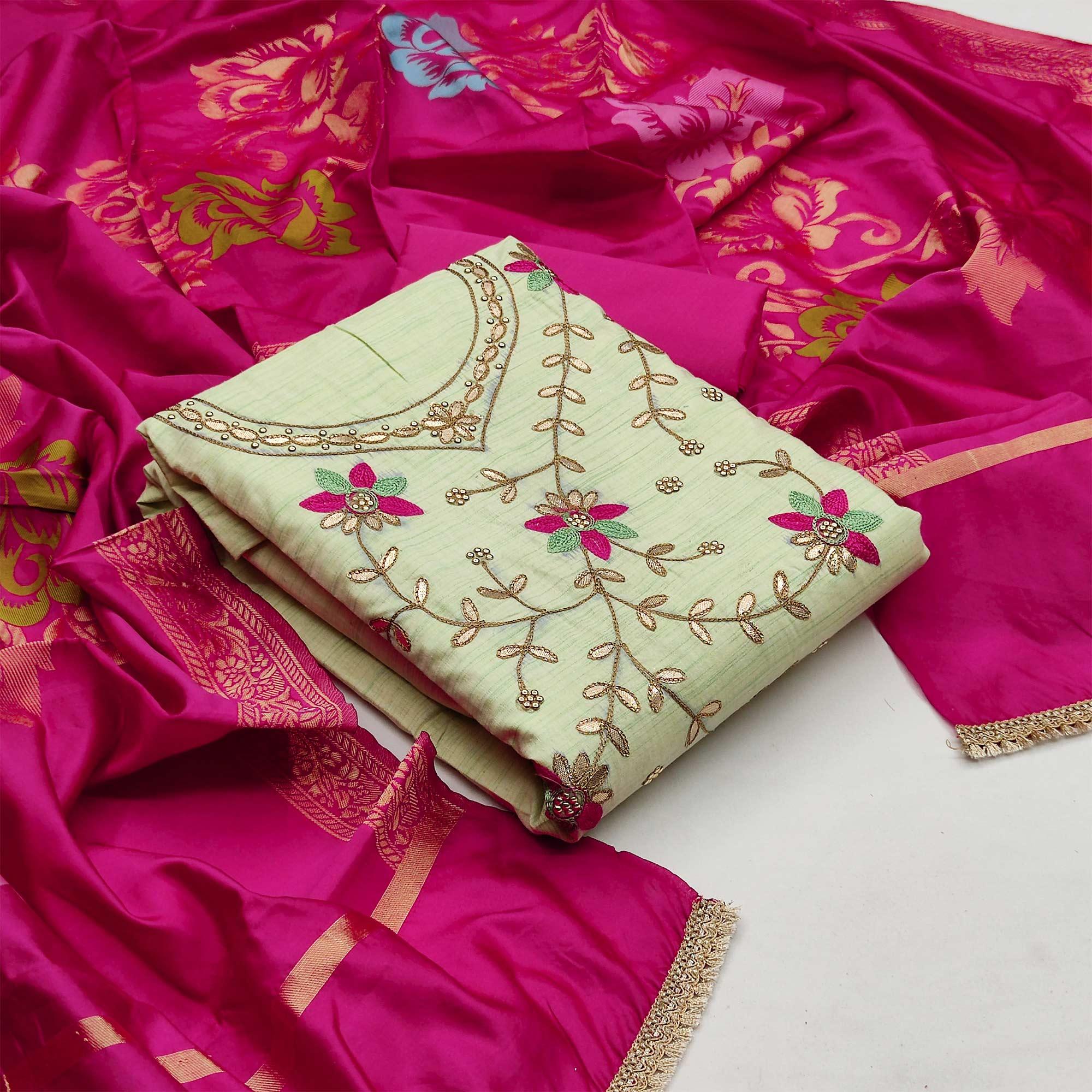 Graceful Light Green Colored Festive Wear Embroidered Handloom Cotton Dress Material - Peachmode
