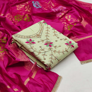 Graceful Light Green Colored Festive Wear Embroidered Handloom Cotton Dress Material - Peachmode