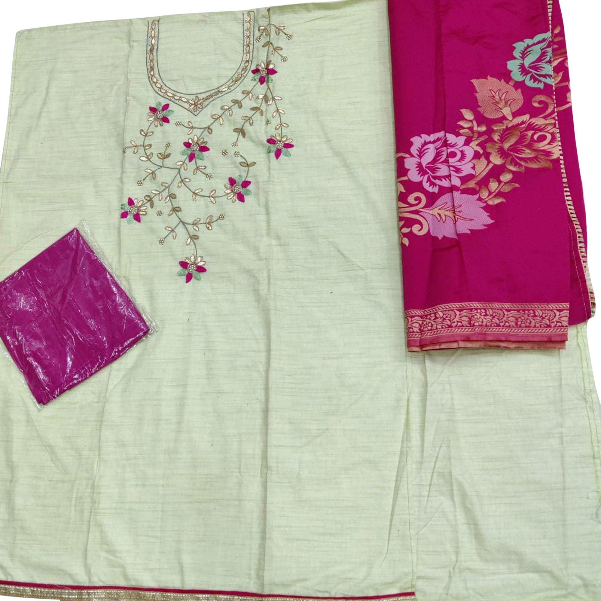 Graceful Light Green Colored Festive Wear Embroidered Handloom Cotton Dress Material - Peachmode