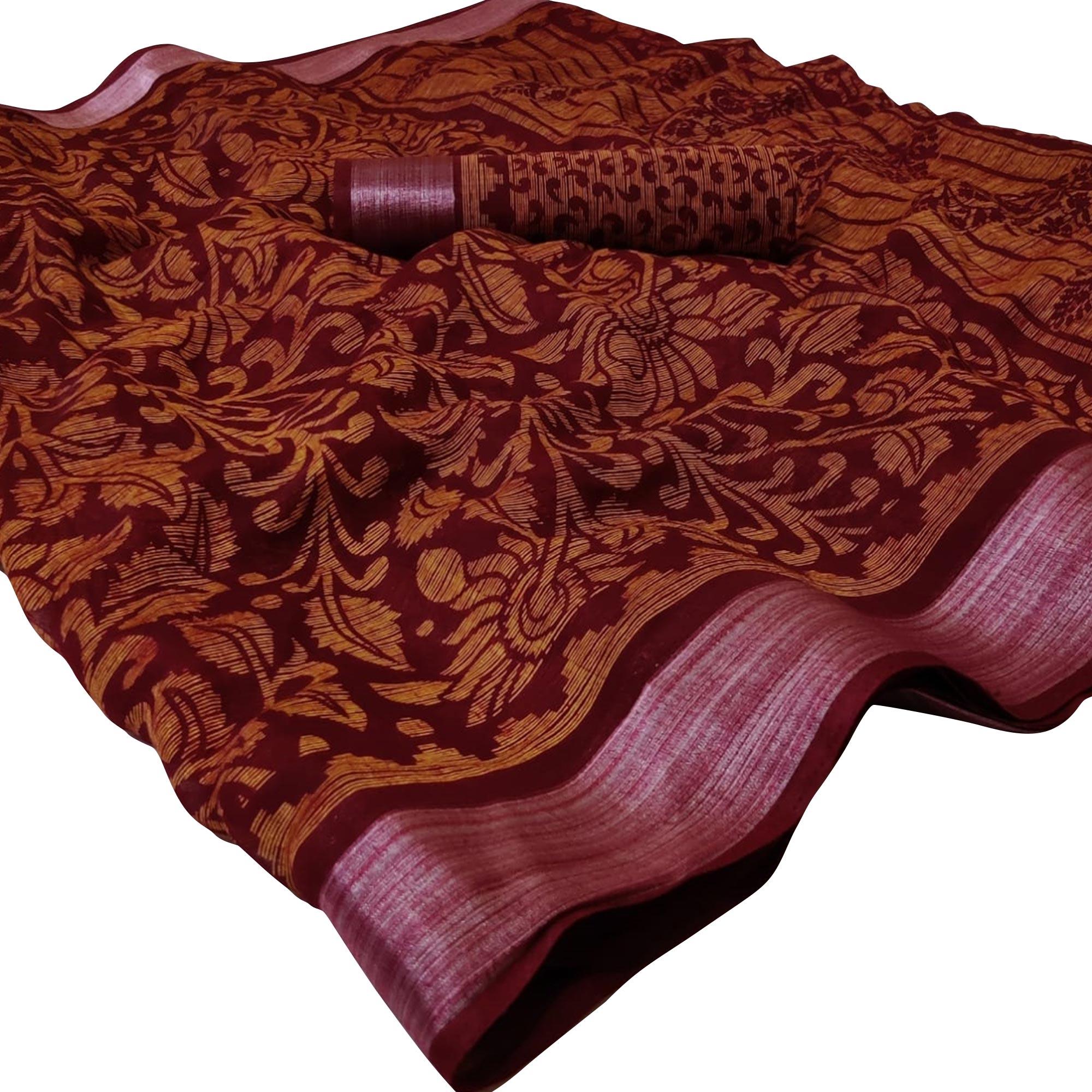 Graceful Maroon Colored Casual Wear Floral Printed Linen Saree - Peachmode