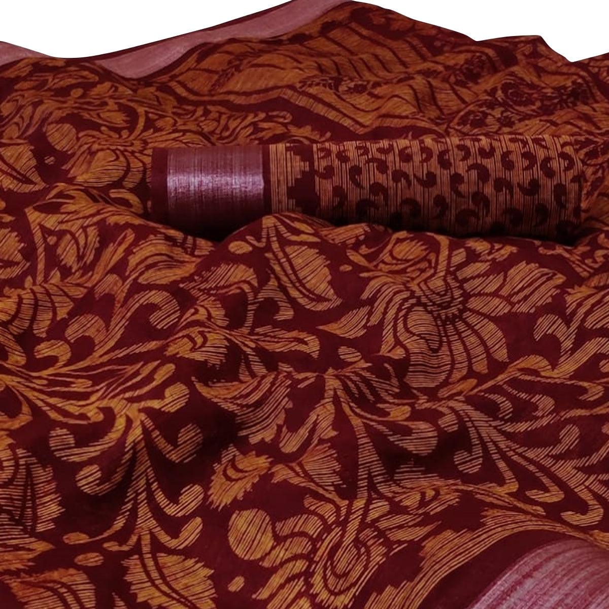 Graceful Maroon Colored Casual Wear Floral Printed Linen Saree - Peachmode