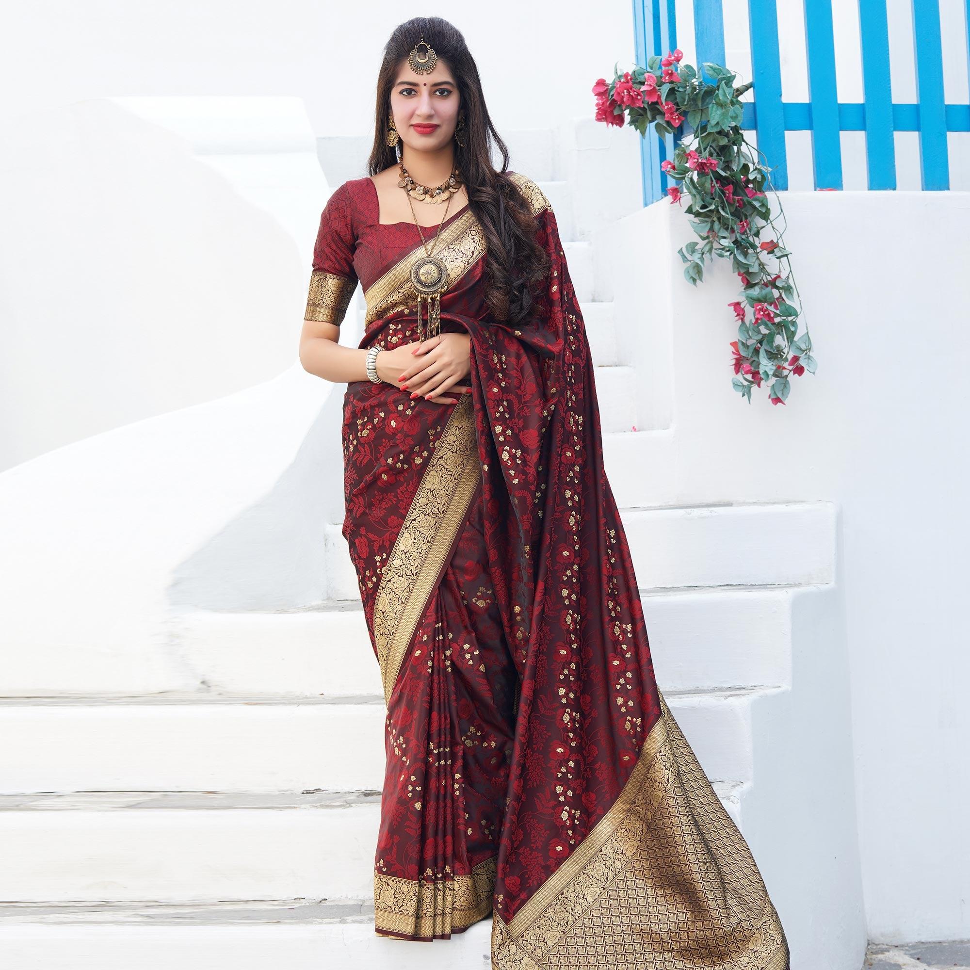 Graceful Maroon Colored Festive Wear Woven Banarasi Silk Saree - Peachmode