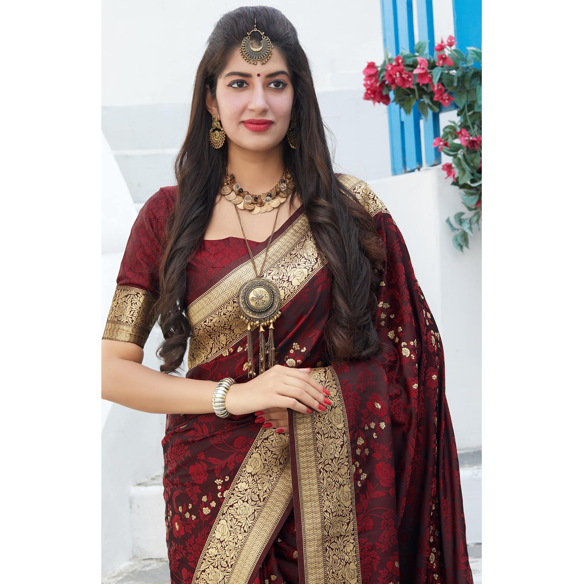 Graceful Maroon Colored Festive Wear Woven Banarasi Silk Saree - Peachmode