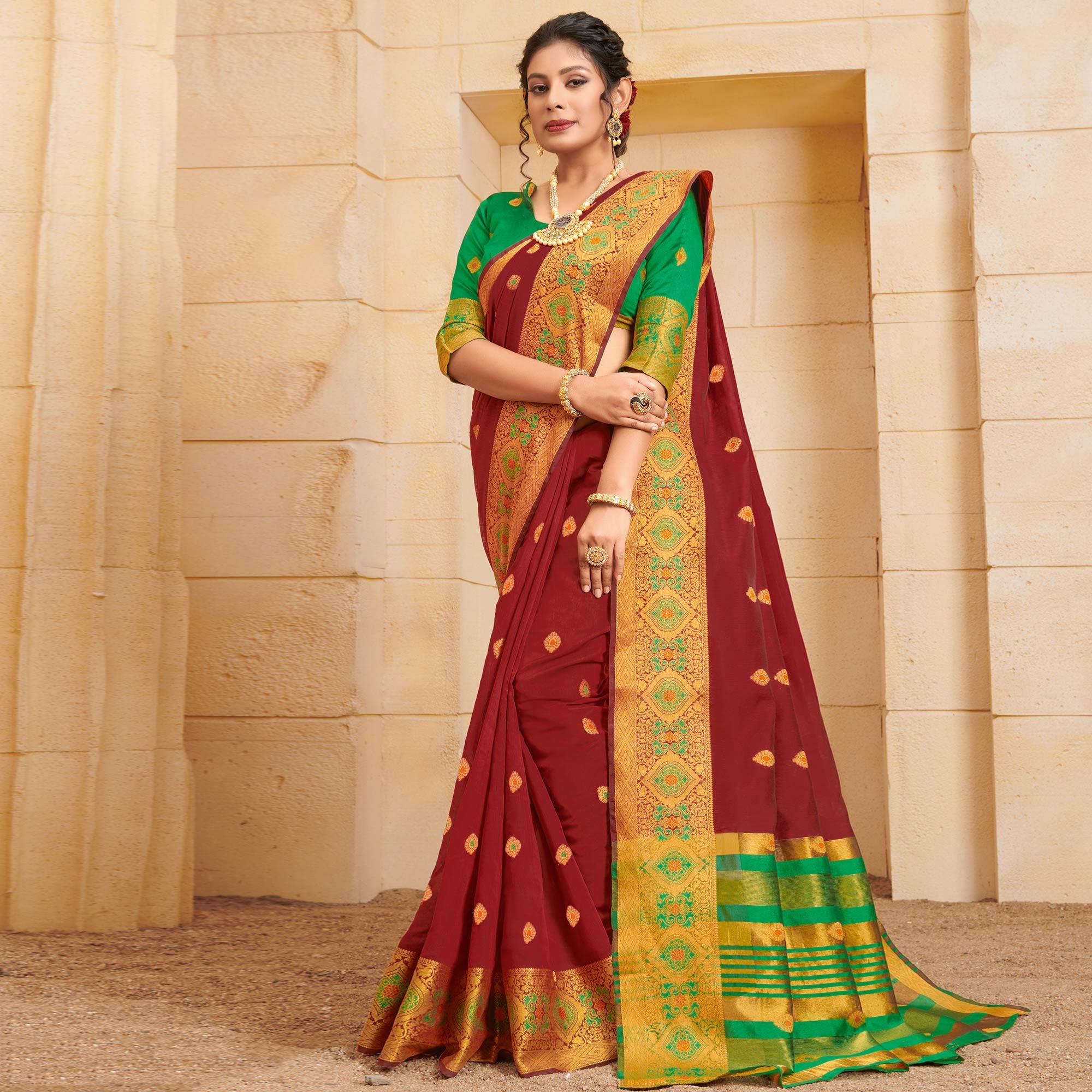 Graceful Maroon Colored Festive Wear Woven Cotton Saree - Peachmode