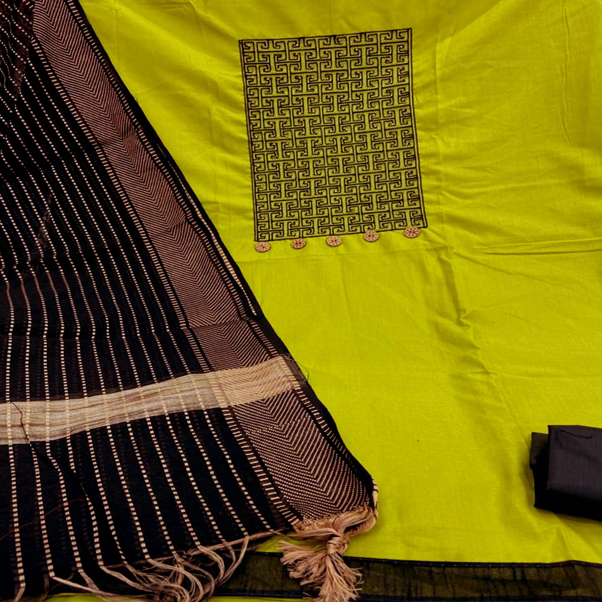 Graceful Mehandi Coloured Casual Wear Embroidered Cotton Dress Material - Peachmode