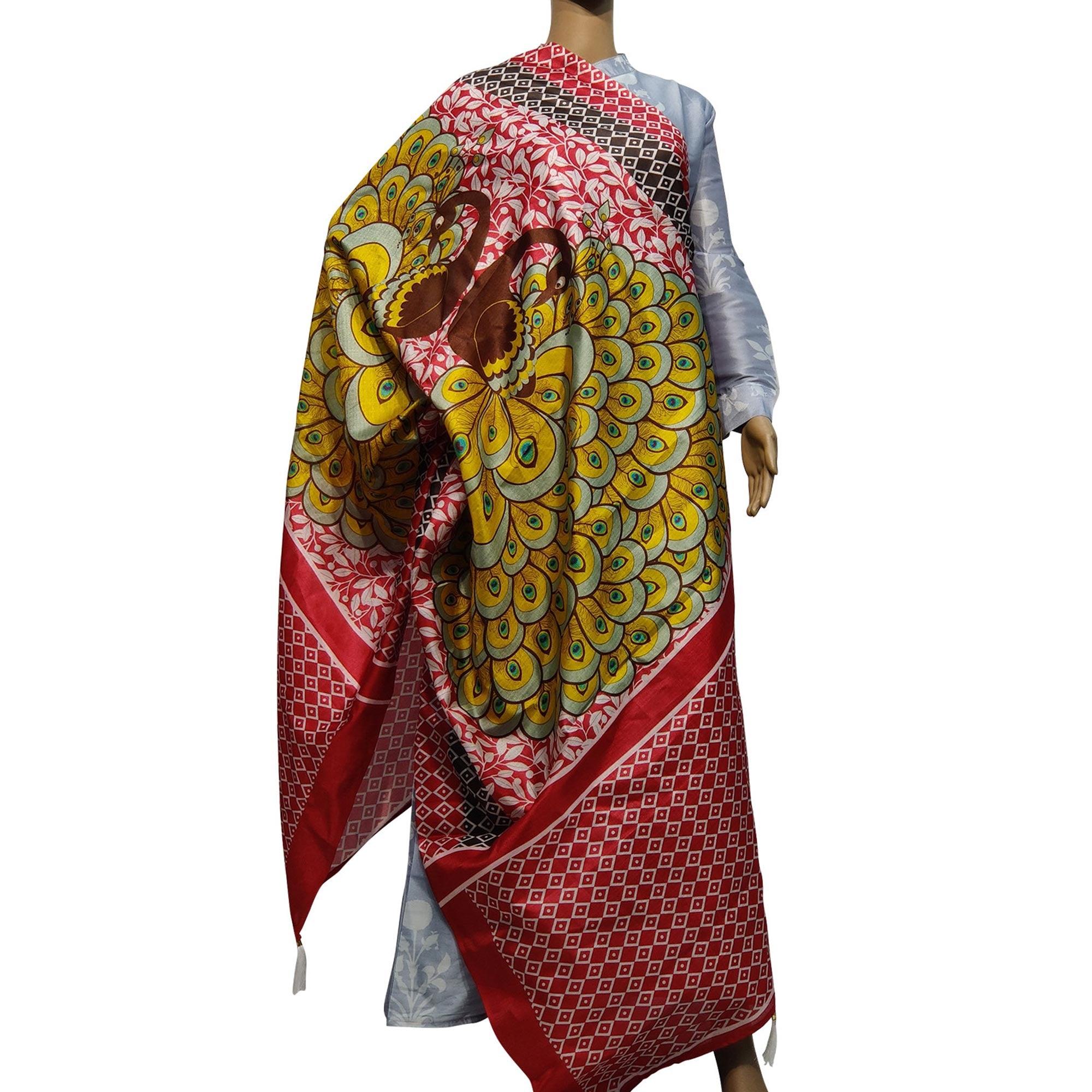 Graceful Multi Colored Casual Wear Printed Cotton Silk Dupatta With Tassels - Peachmode