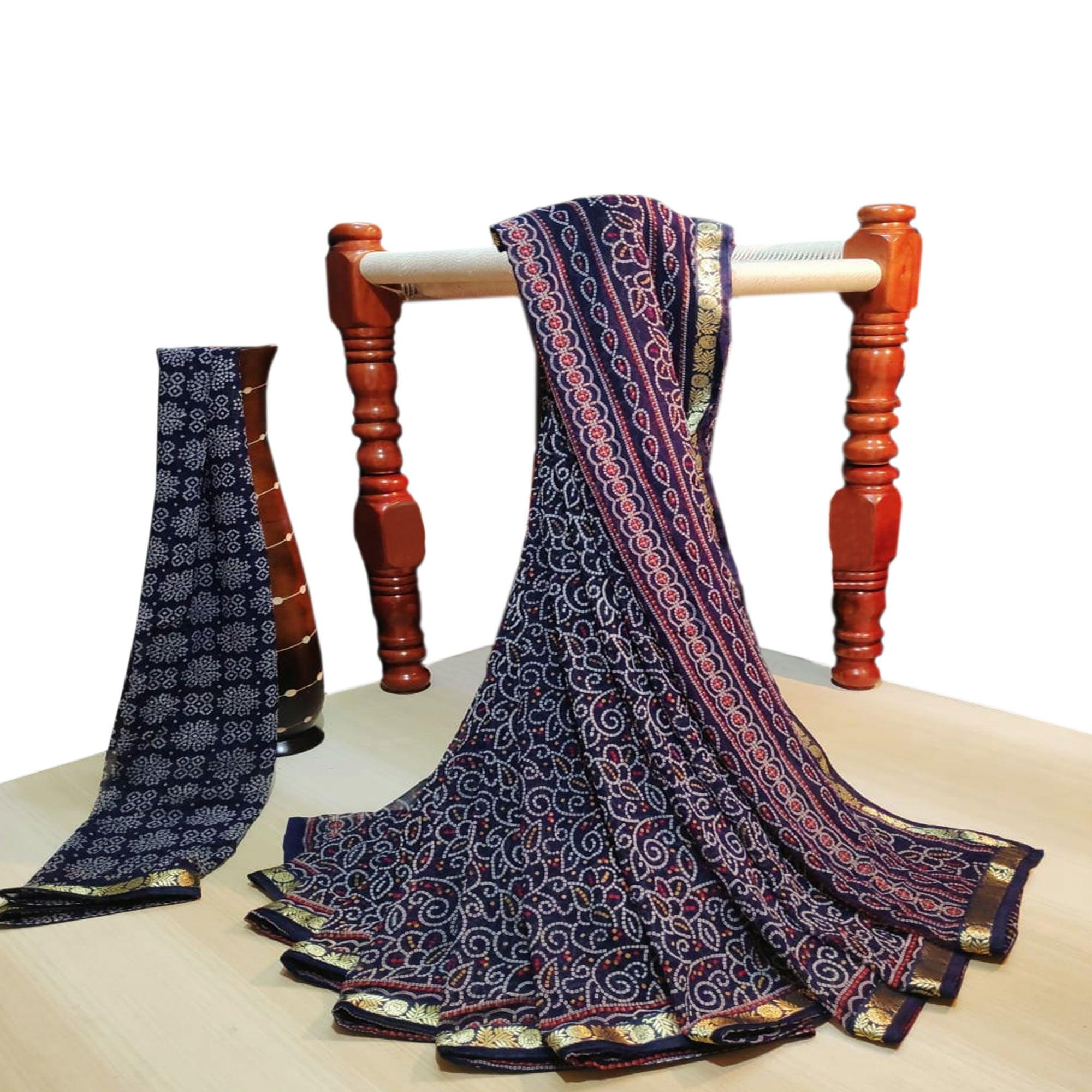 Graceful Navy Blue Colored Casual Wear Bandhani Printed Georgette Saree - Peachmode