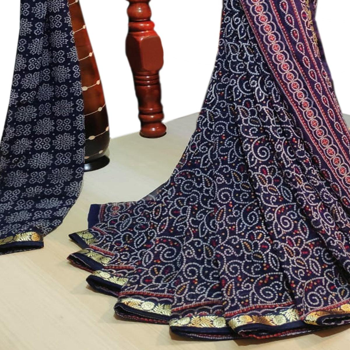 Graceful Navy Blue Colored Casual Wear Bandhani Printed Georgette Saree - Peachmode