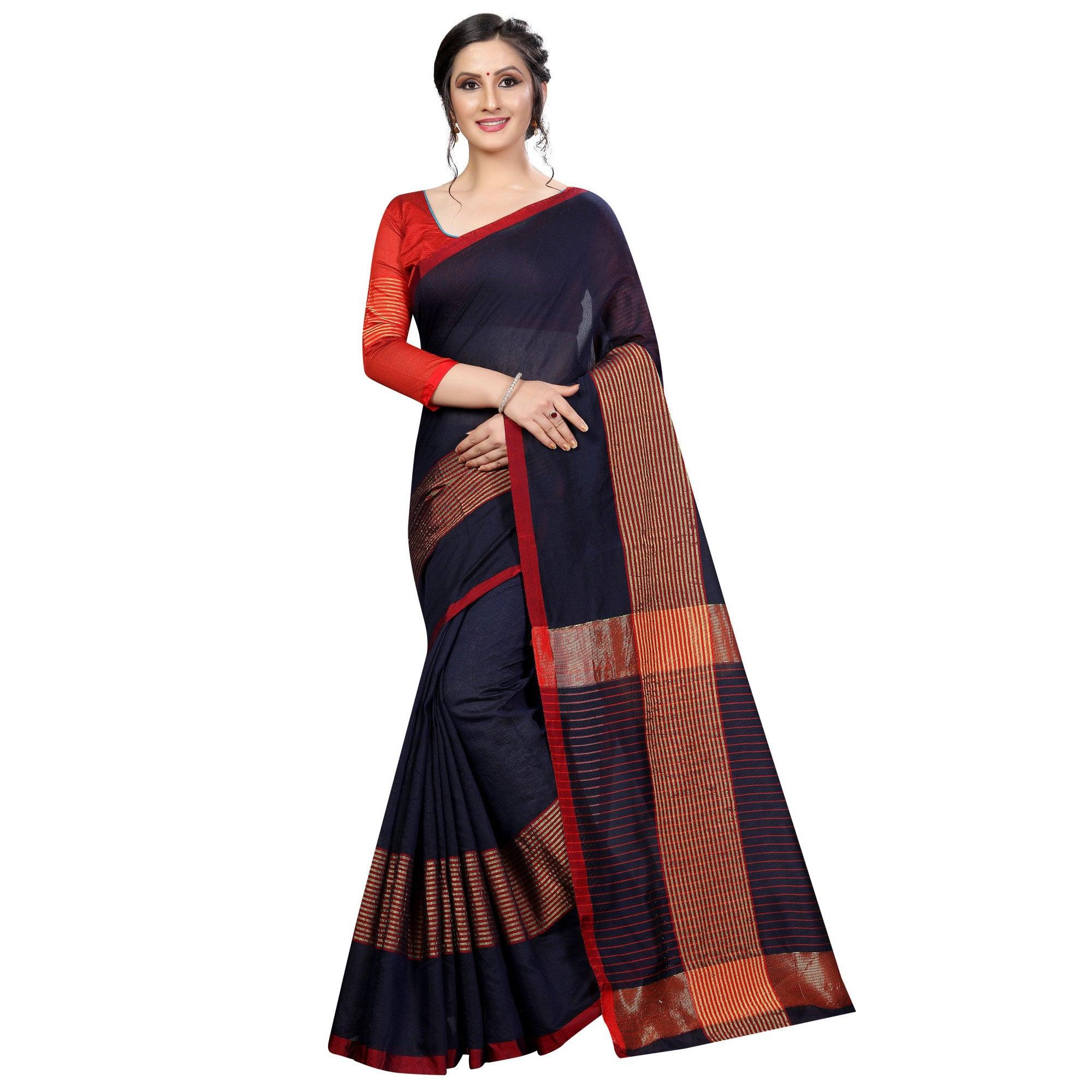 Graceful Navy Blue Colored Festive Wear Cotton Saree - Peachmode