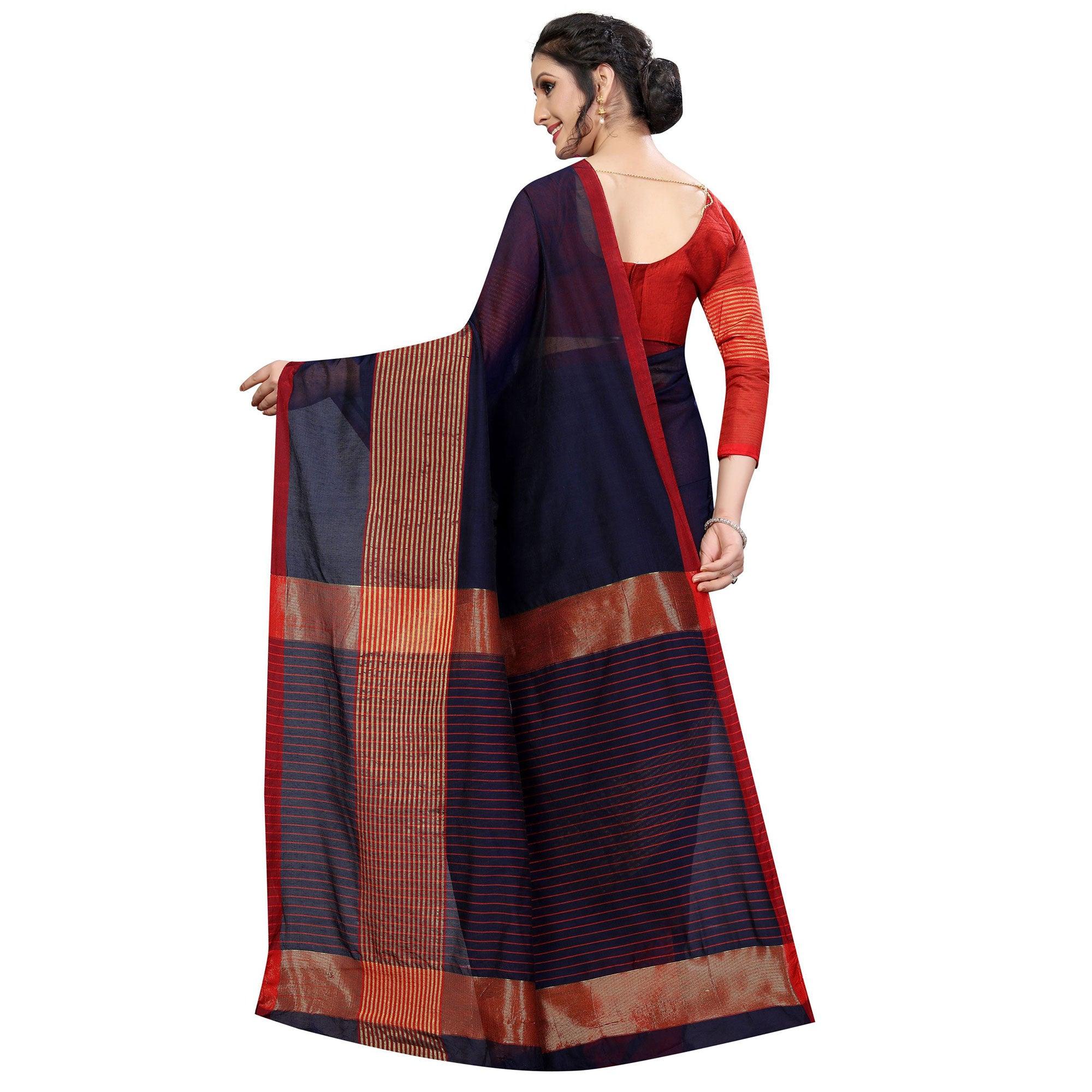 Graceful Navy Blue Colored Festive Wear Cotton Saree - Peachmode