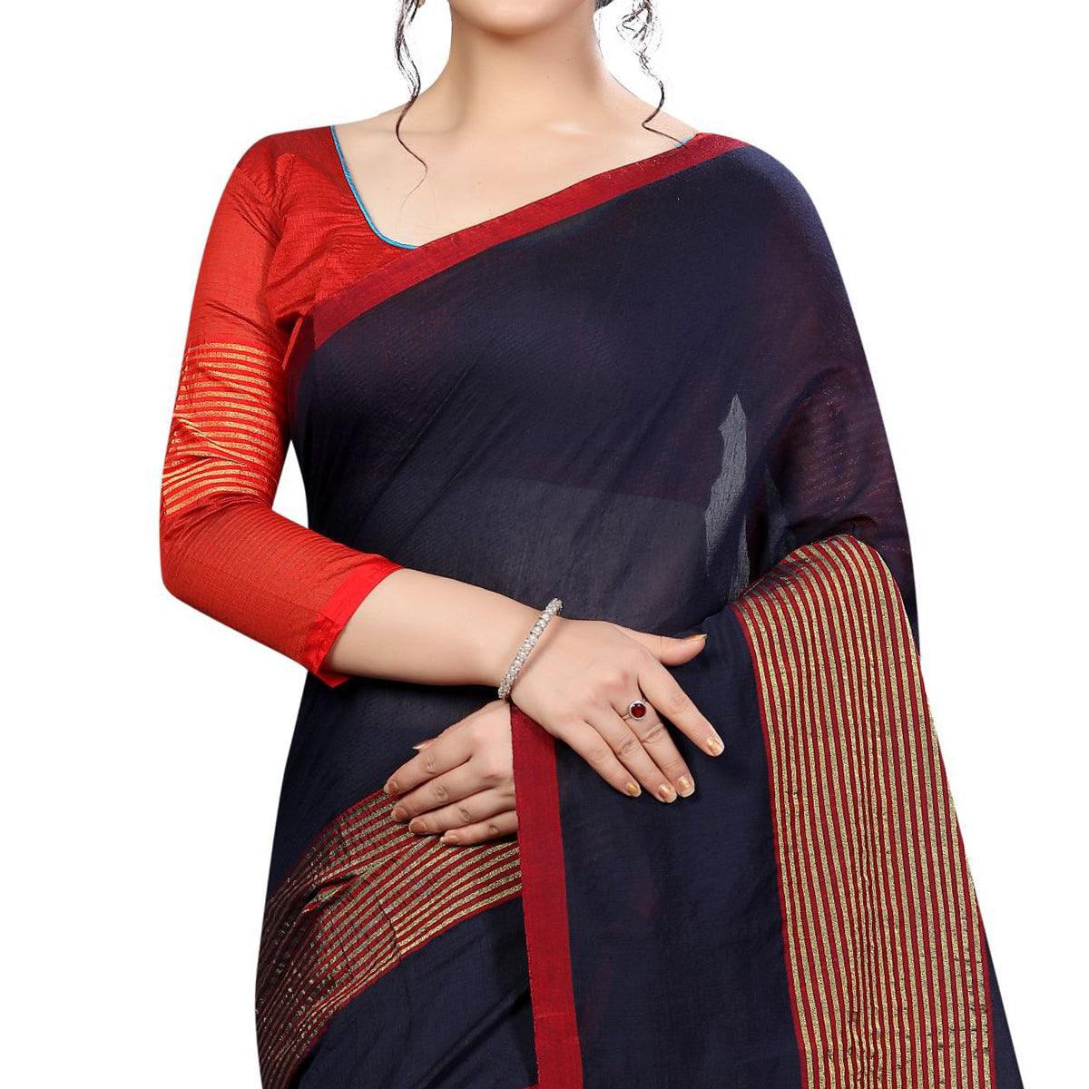 Graceful Navy Blue Colored Festive Wear Cotton Saree - Peachmode