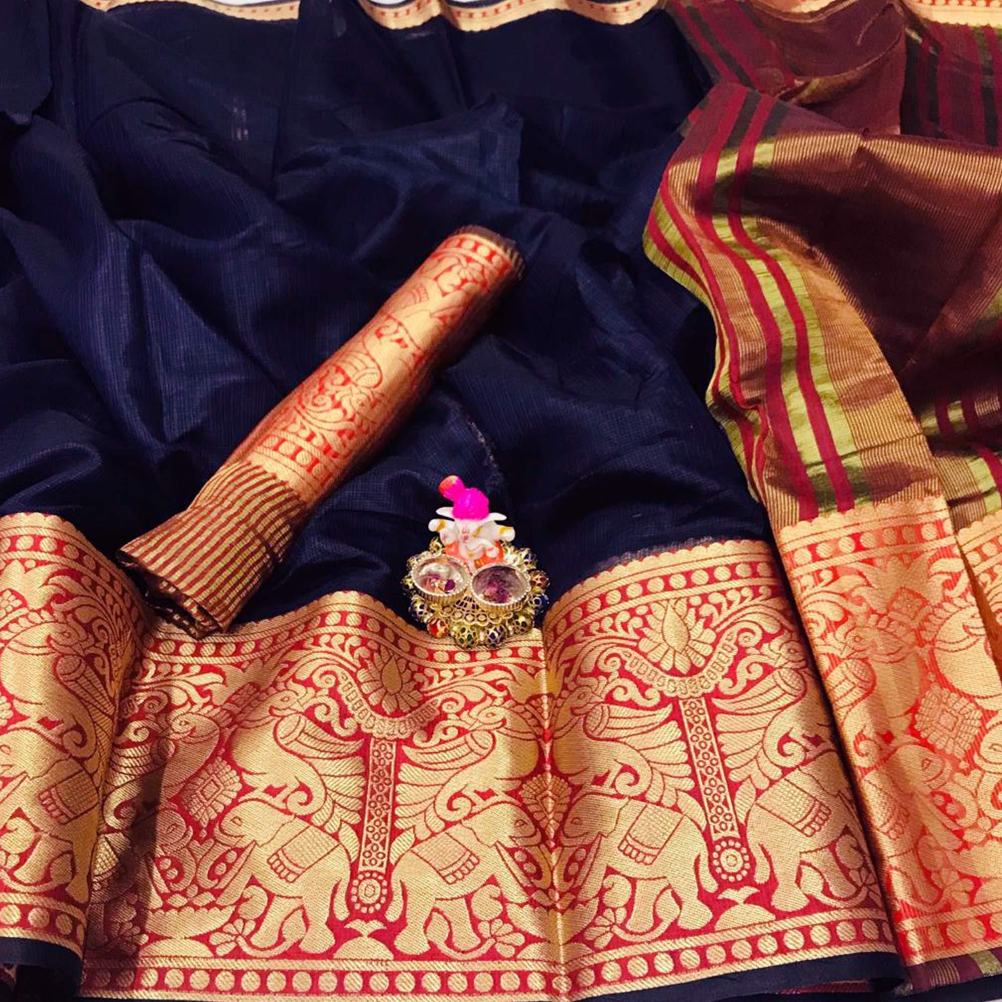 Graceful Navy Blue Colored Festive Wear Woven Heavy Cotton Saree - Peachmode