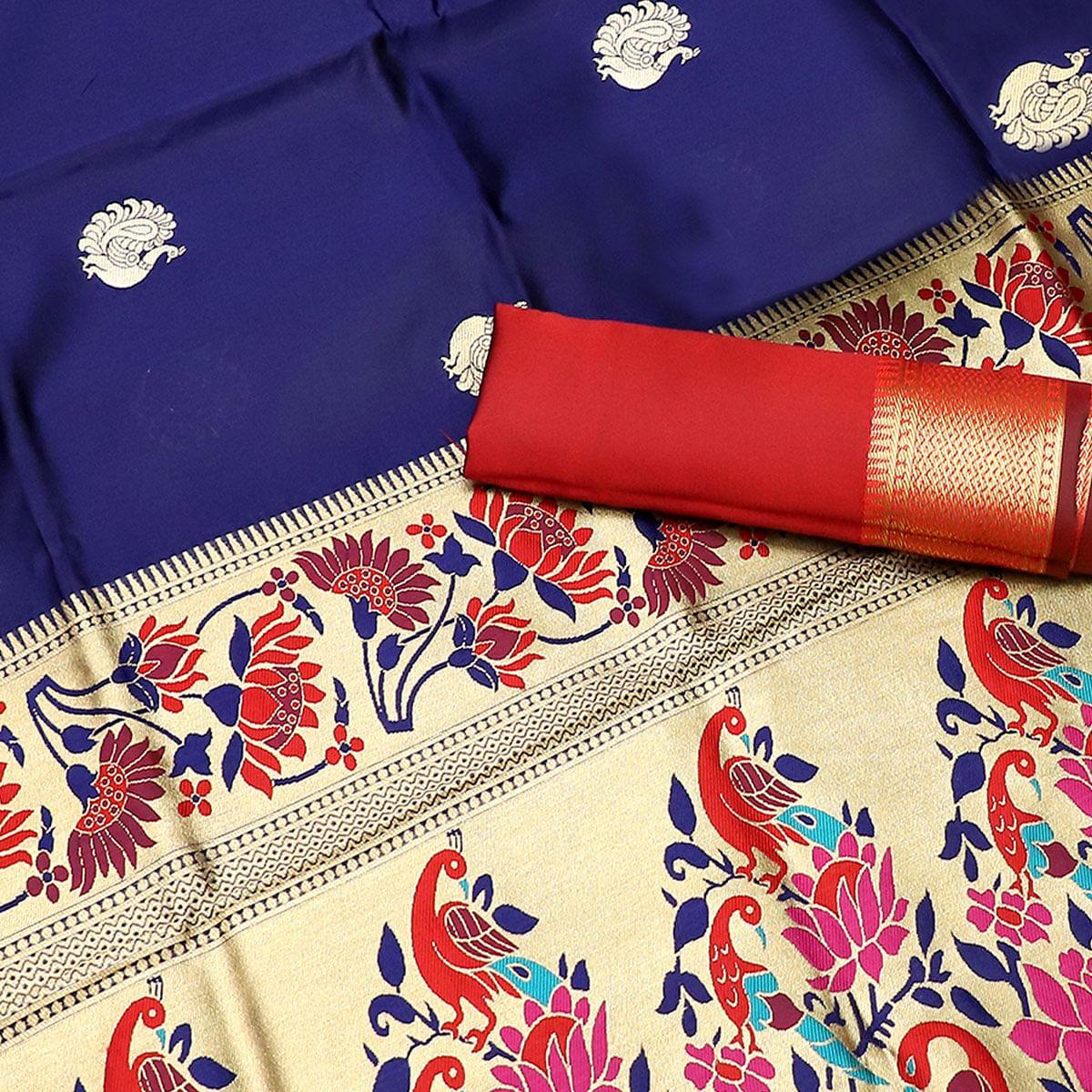 Graceful Navy Blue Colored Festive Wear Woven Kota Art Silk Banarasi Saree - Peachmode
