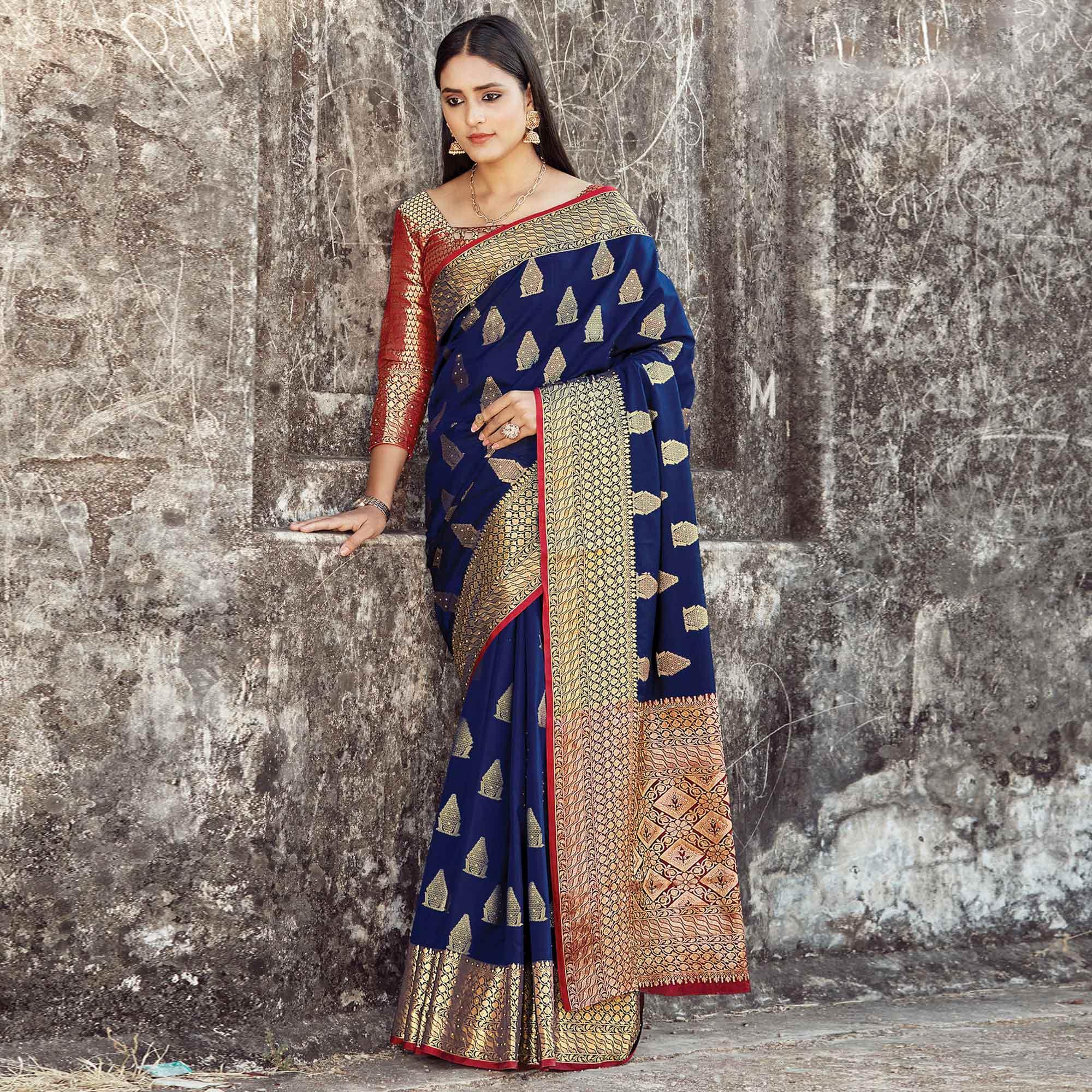 Graceful Navy Blue Colored Festive Wear Woven Silk Saree - Peachmode