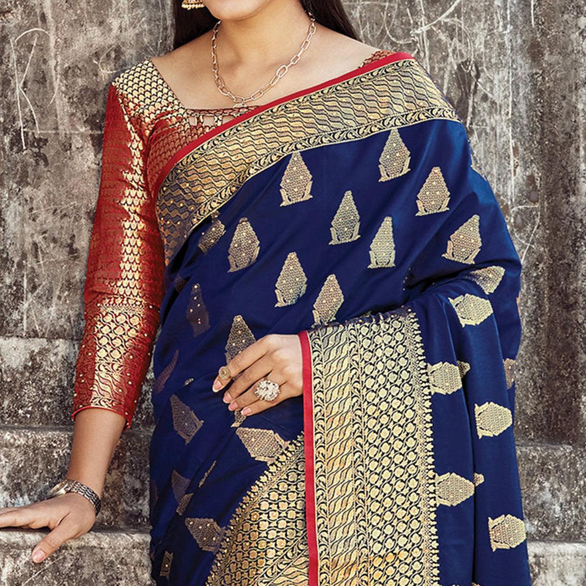 Graceful Navy Blue Colored Festive Wear Woven Silk Saree - Peachmode