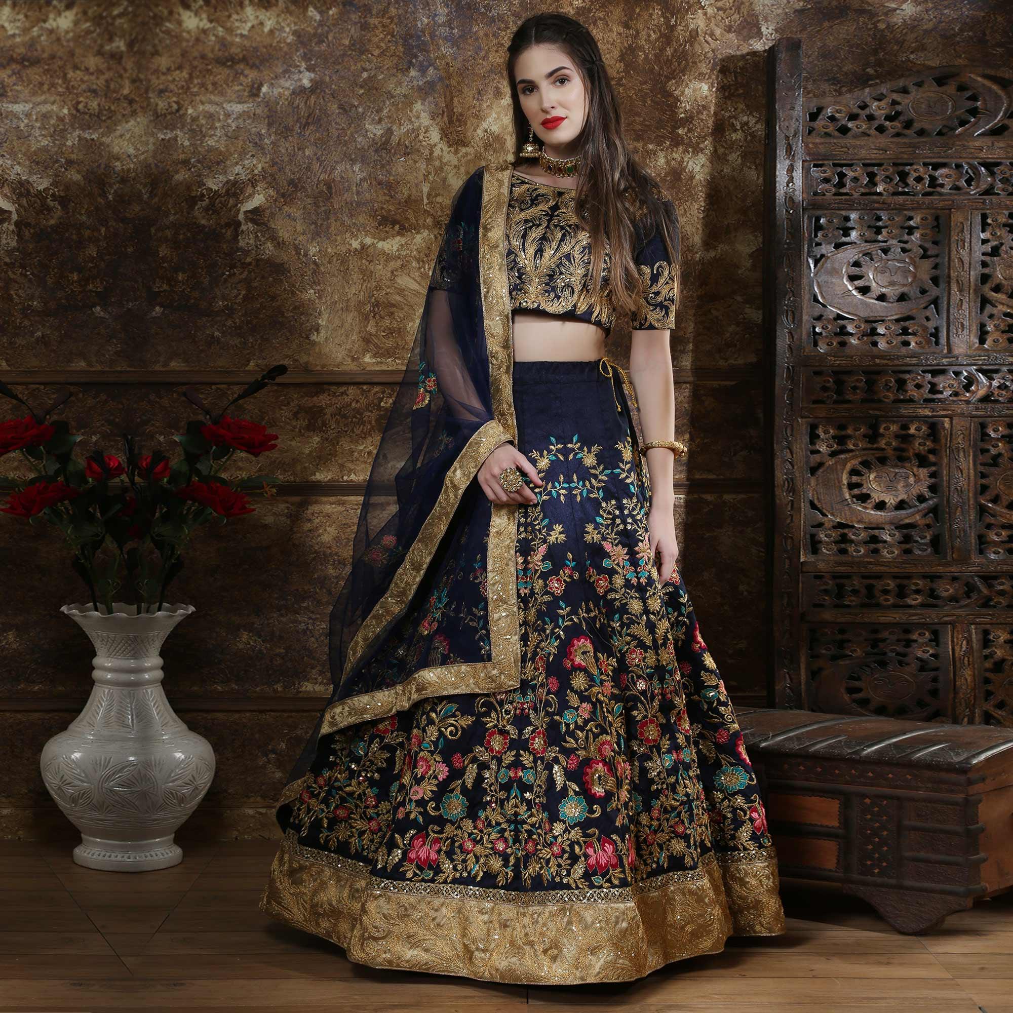 Graceful Navy Blue Colored Party Wear Embroidered Thai Silk Lehenga Choli - Peachmode