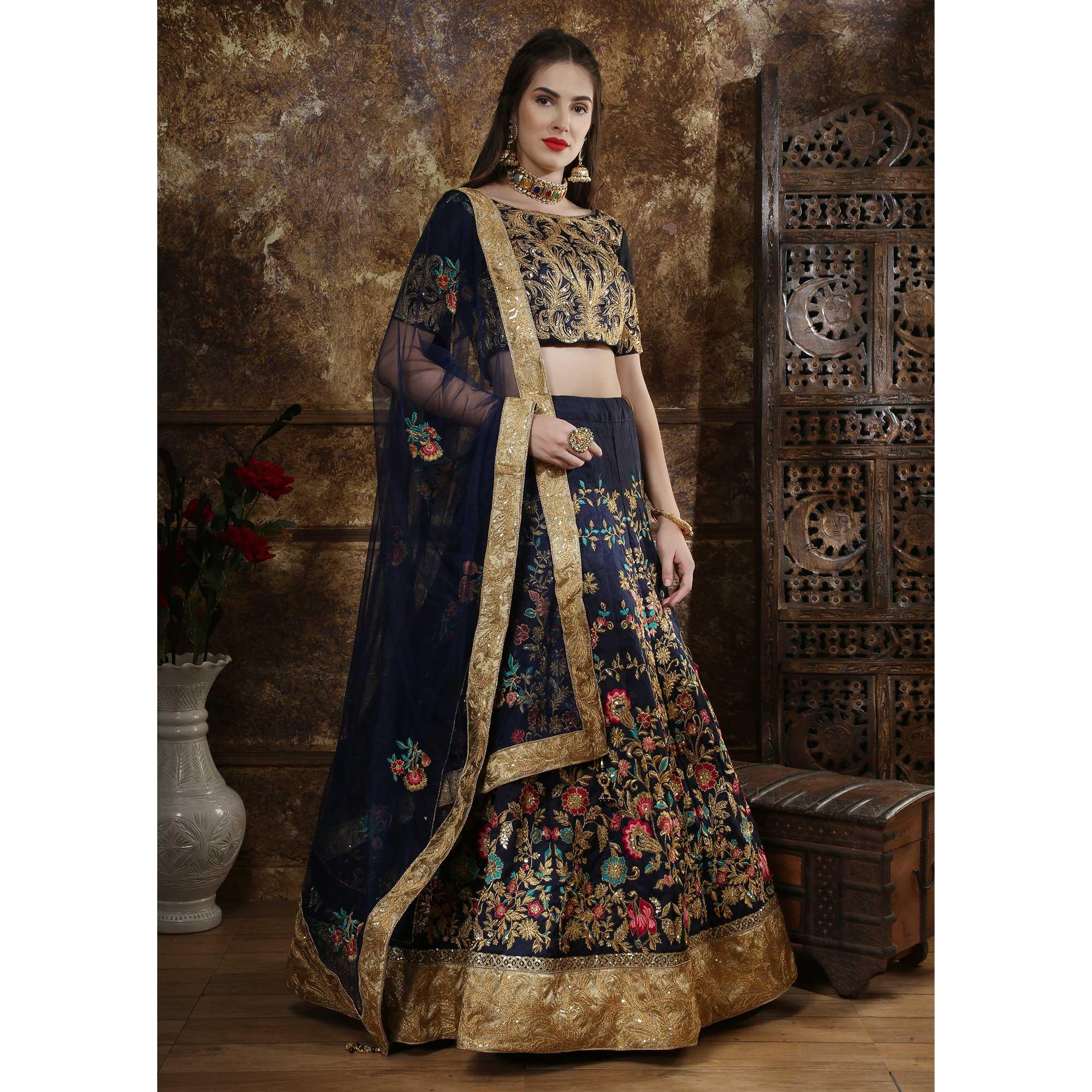 Graceful Navy Blue Colored Party Wear Embroidered Thai Silk Lehenga Choli - Peachmode